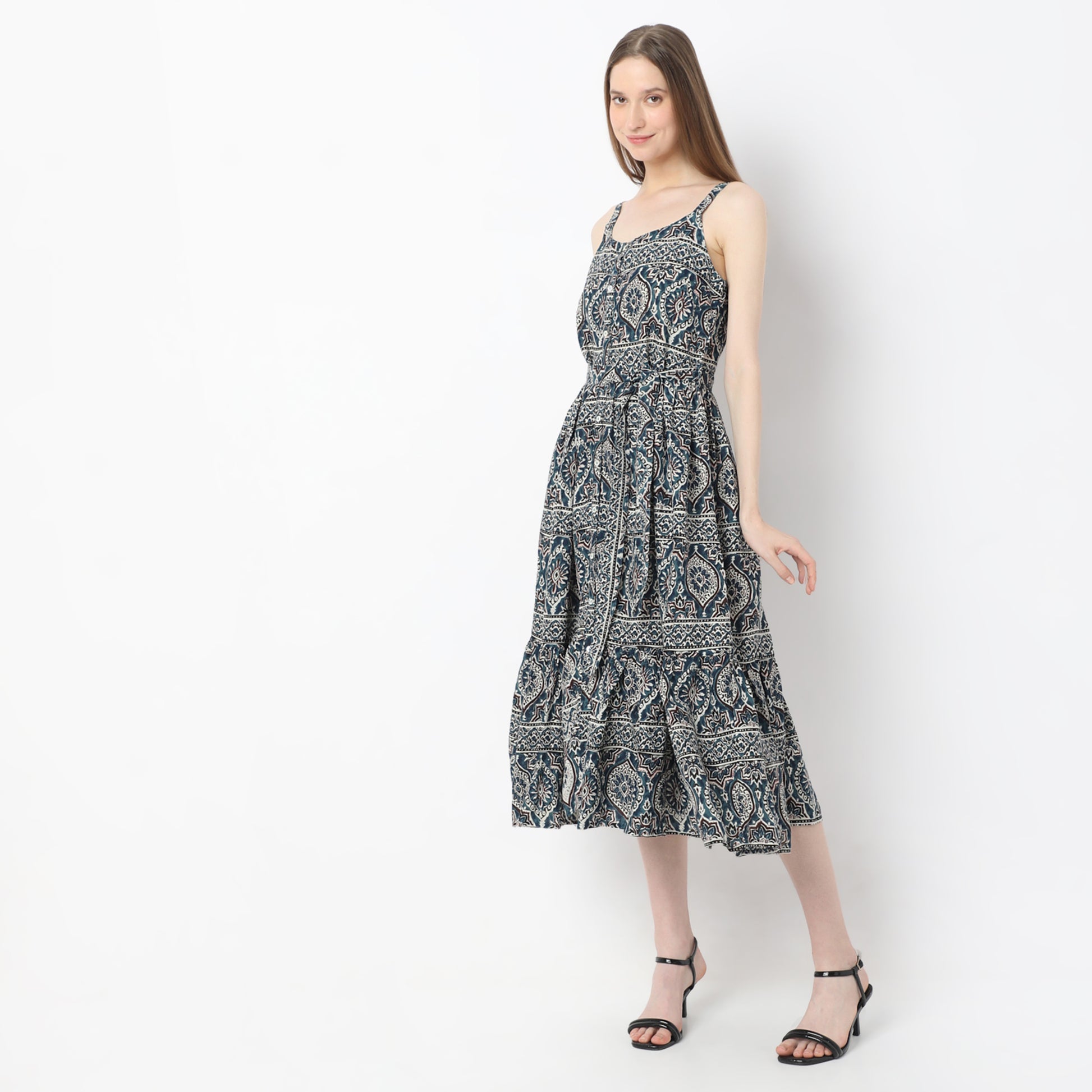 Printed Below Knee Autumn Meadow Shoulder Strape Flared Dress