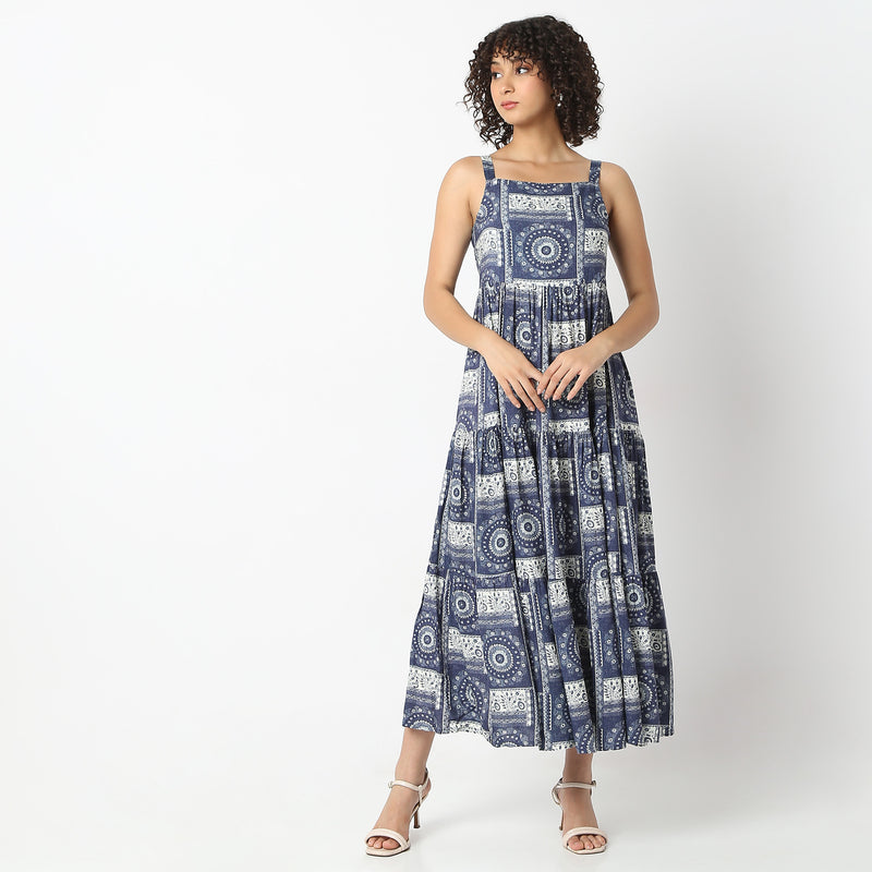 Flare Fit Printed Square Neck A-Line Dress