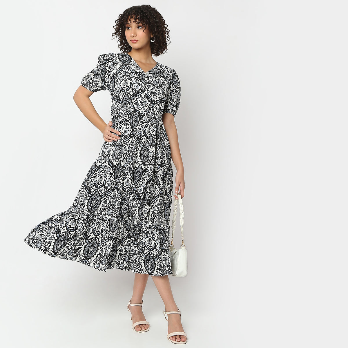 Flare Fit Printed V-Neck Dress