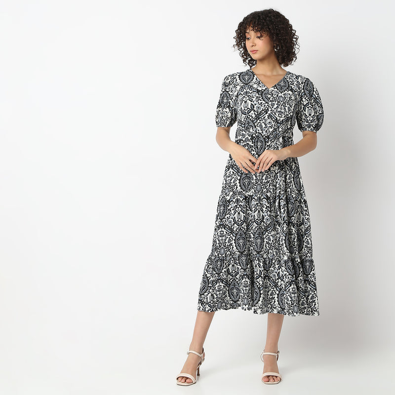 Flare Fit Printed V-Neck Dress