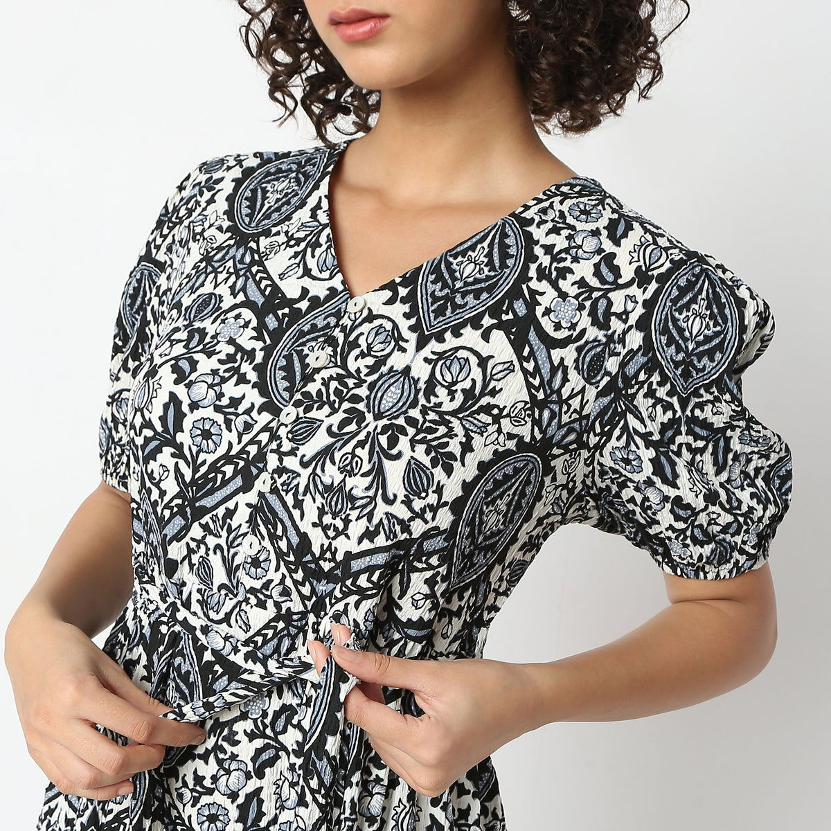 Flare Fit Printed V-Neck Dress