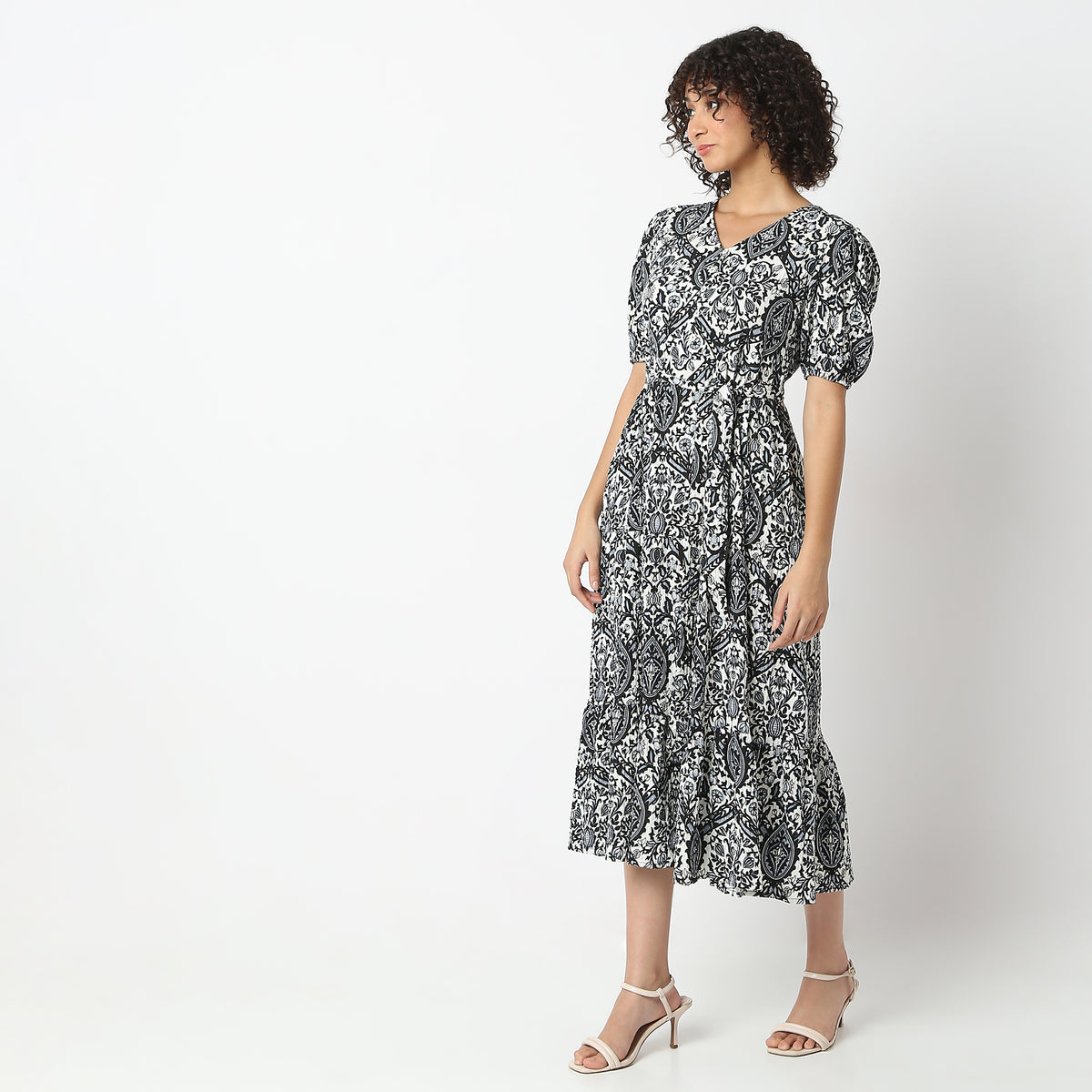 Flare Fit Printed V-Neck Dress