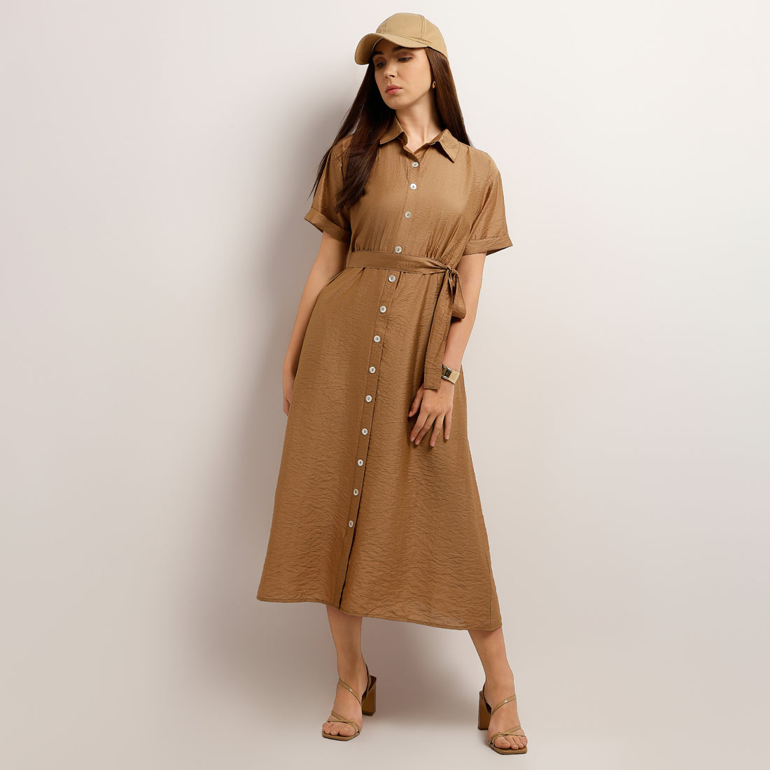 Flare Fit Solid Shirt Collar Dress