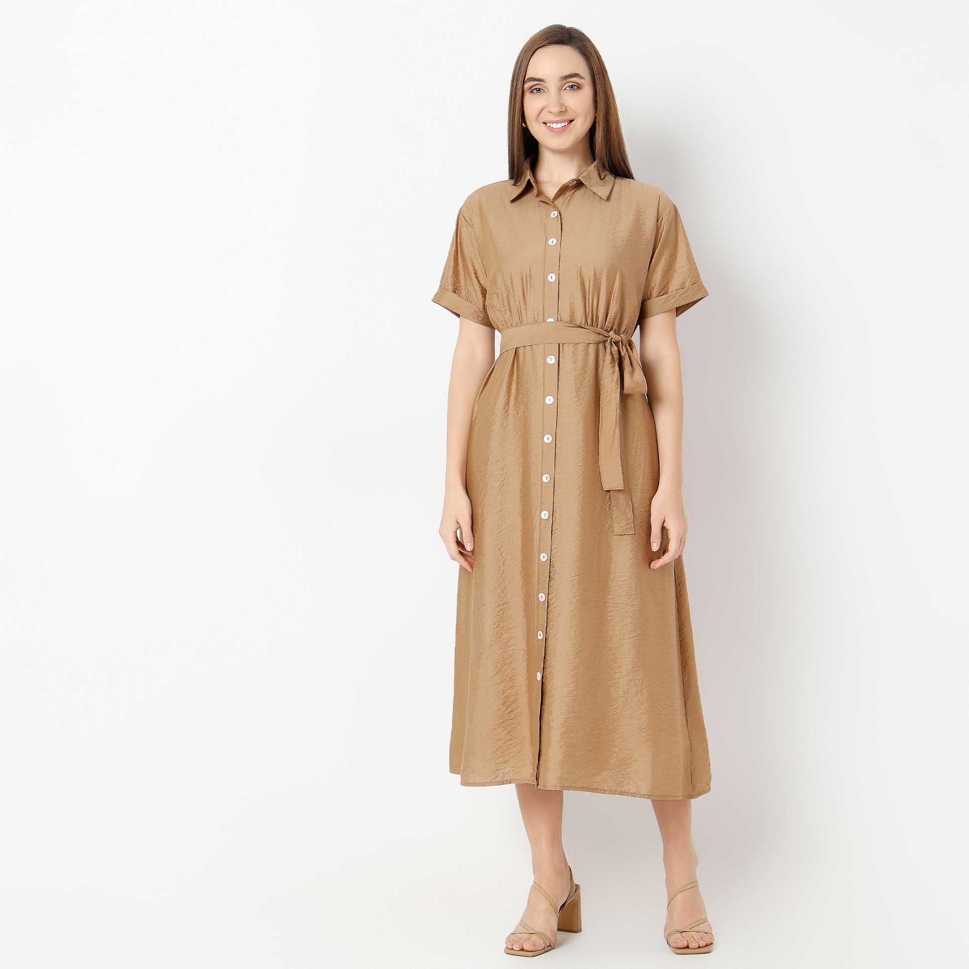 Flare Fit Solid Shirt Collar Dress