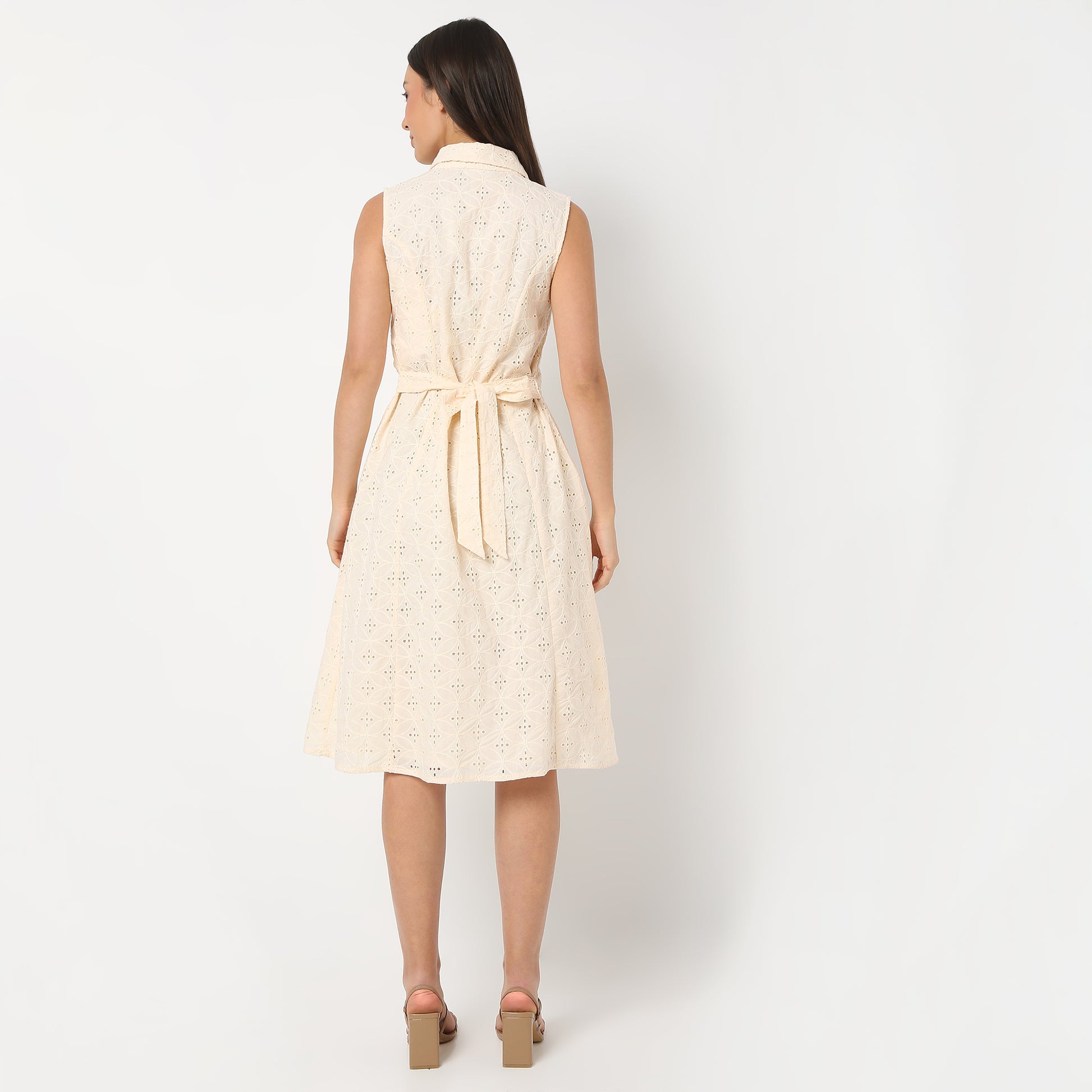 Collar Below Knee Length Sleeveless Schiffli Flare Fit Dress Shirt