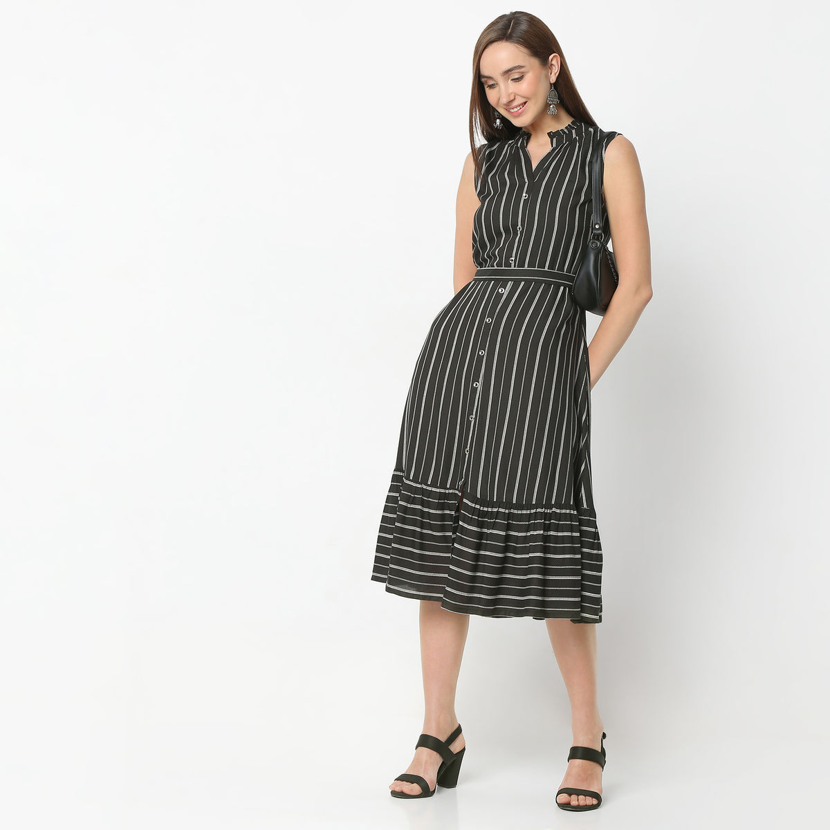 Flare Fit Printed Band Neck Knee Length Dress