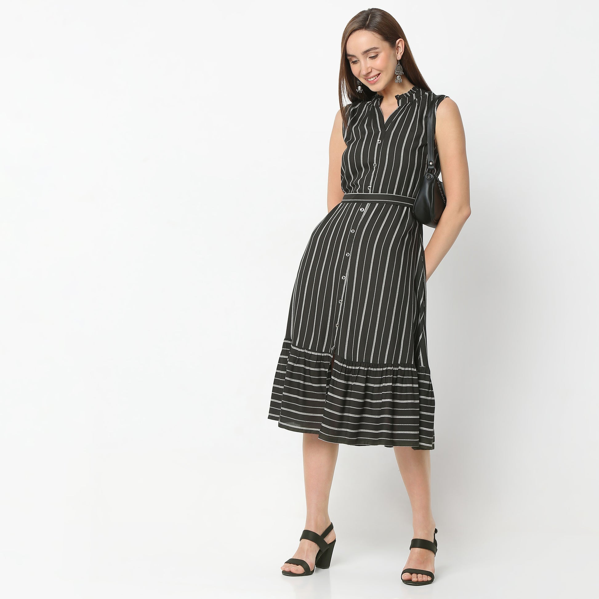 Flare Fit Printed Band Neck Knee Length Dress