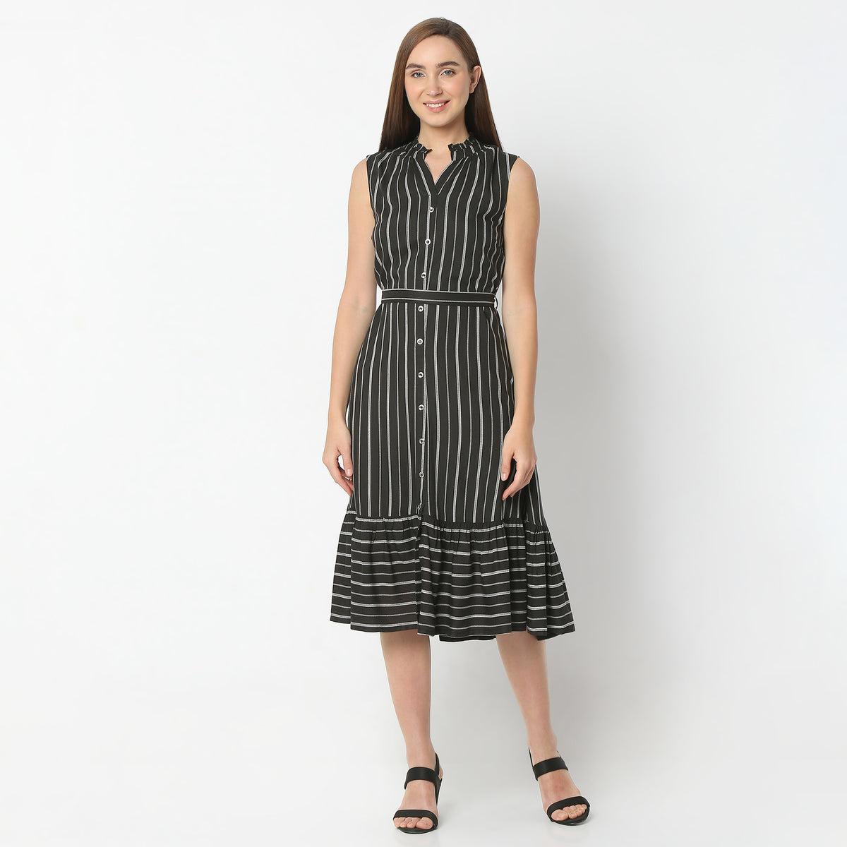 Flare Fit Printed Band Neck Knee Length Dress