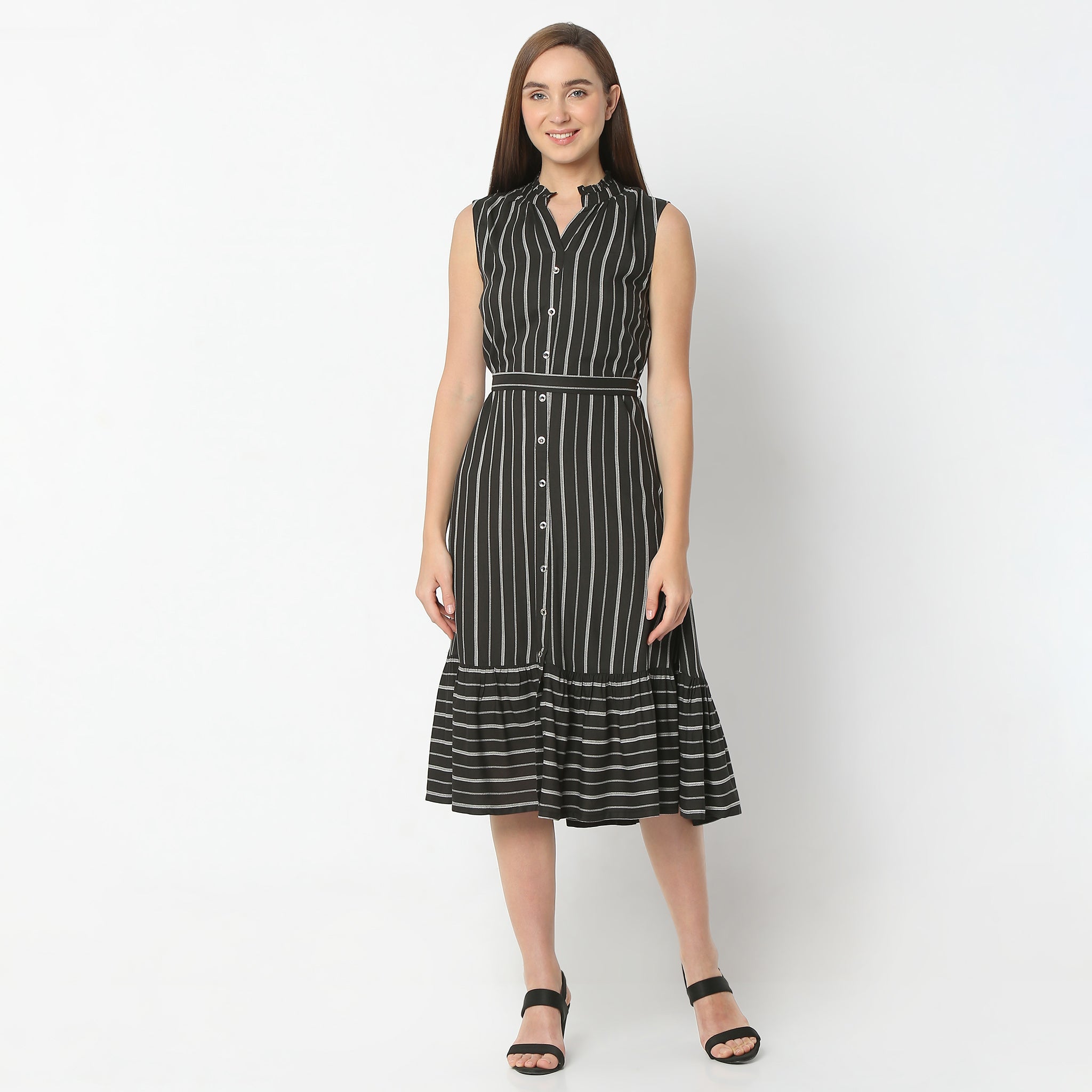 Flare Fit Printed Band Neck Knee Length Dress