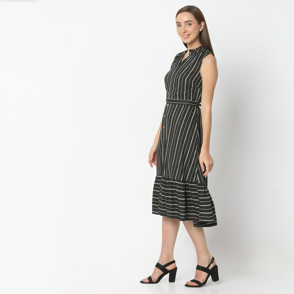 Flare Fit Printed Band Neck Knee Length Dress