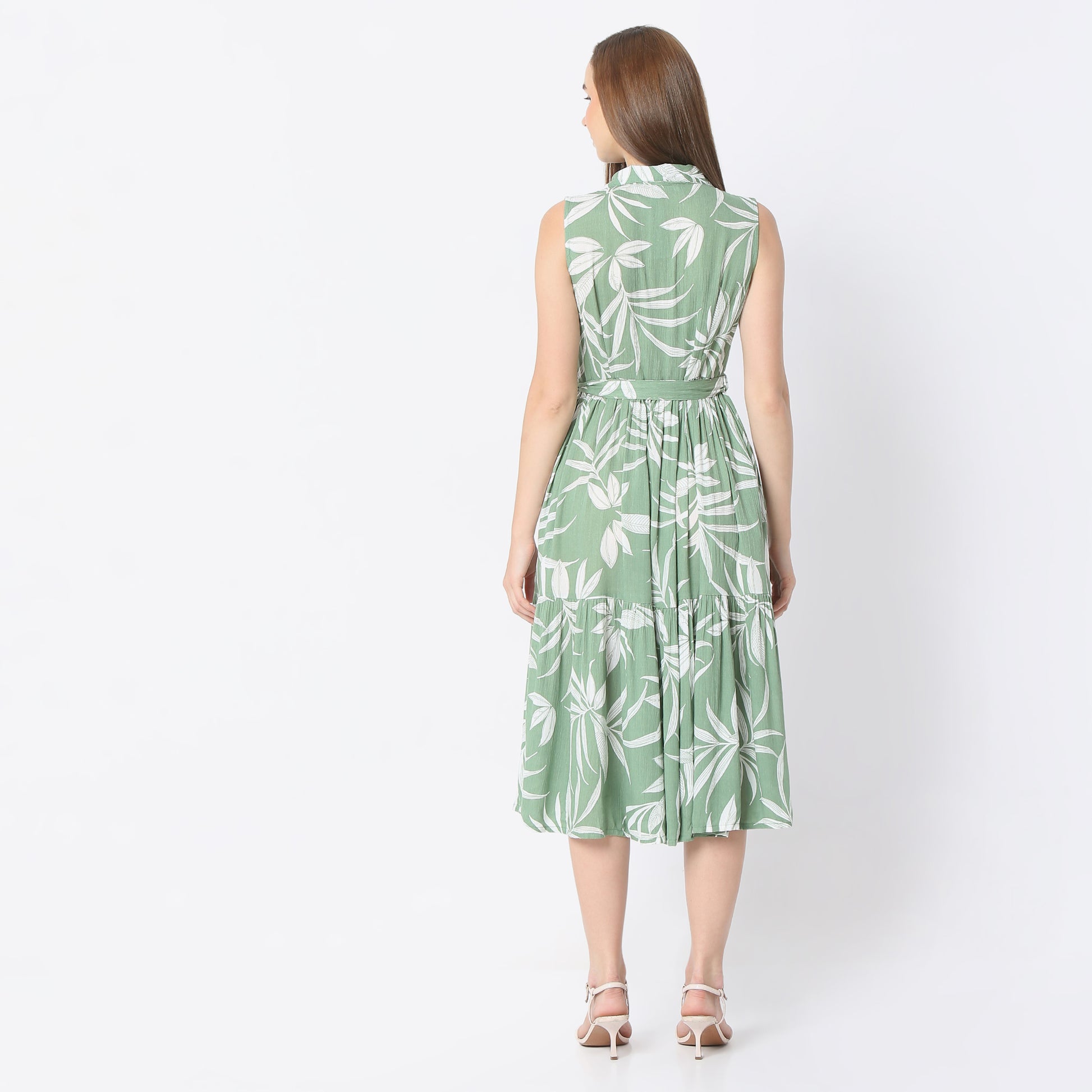 Flare Fit Floral Print Shirt Collar Calf Length Dress