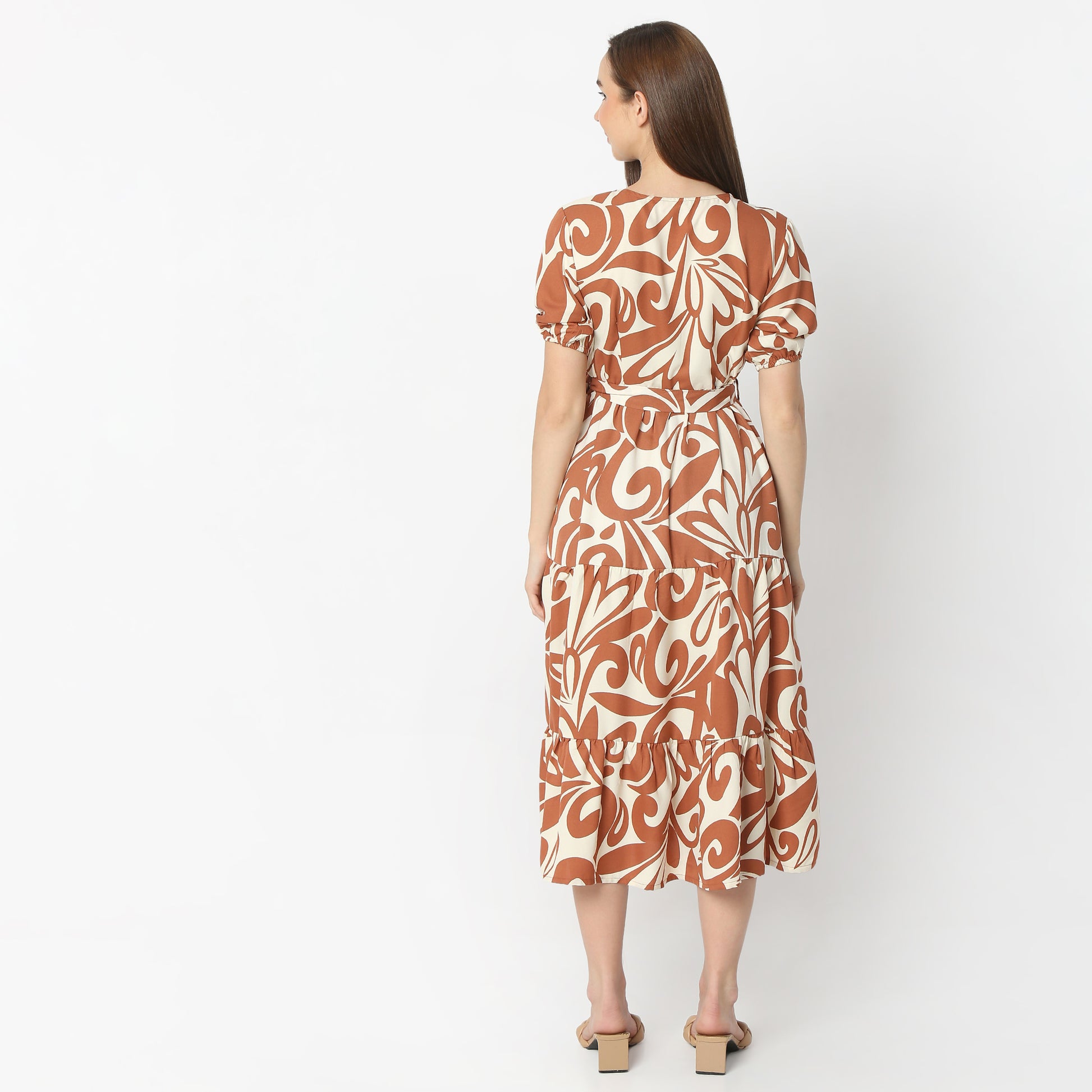 Flare Fit Printed V-Neck Below Knee Dress