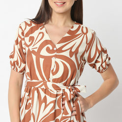 Flare Fit Printed V-Neck Below Knee Dress