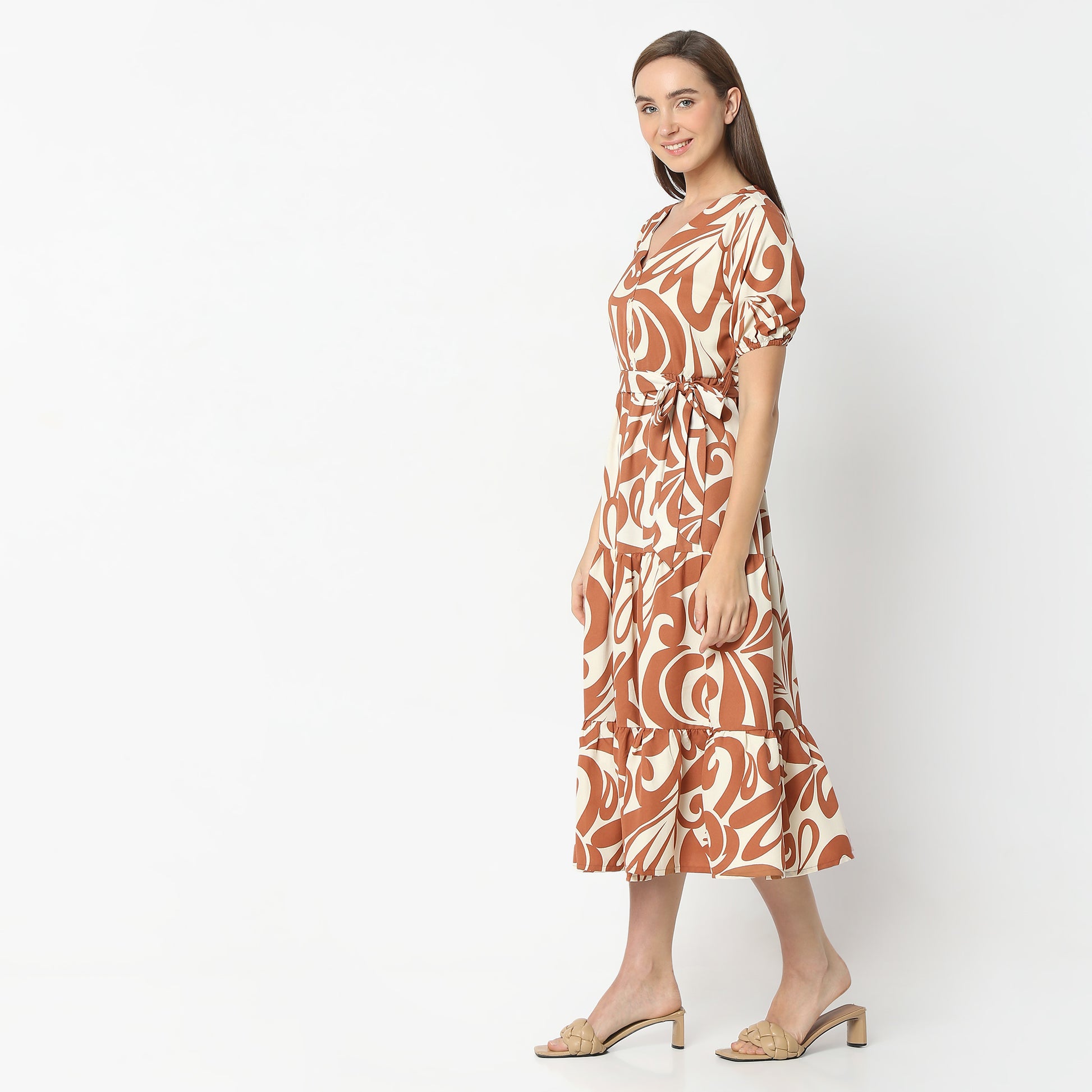 Flare Fit Printed V-Neck Below Knee Dress