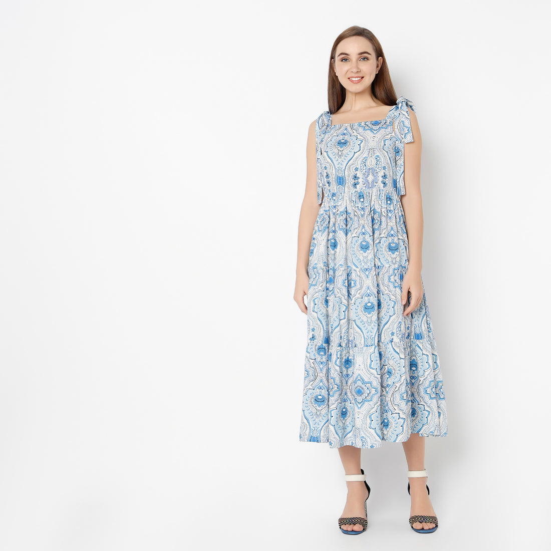 Flare Fit Printed Square Neck Dress