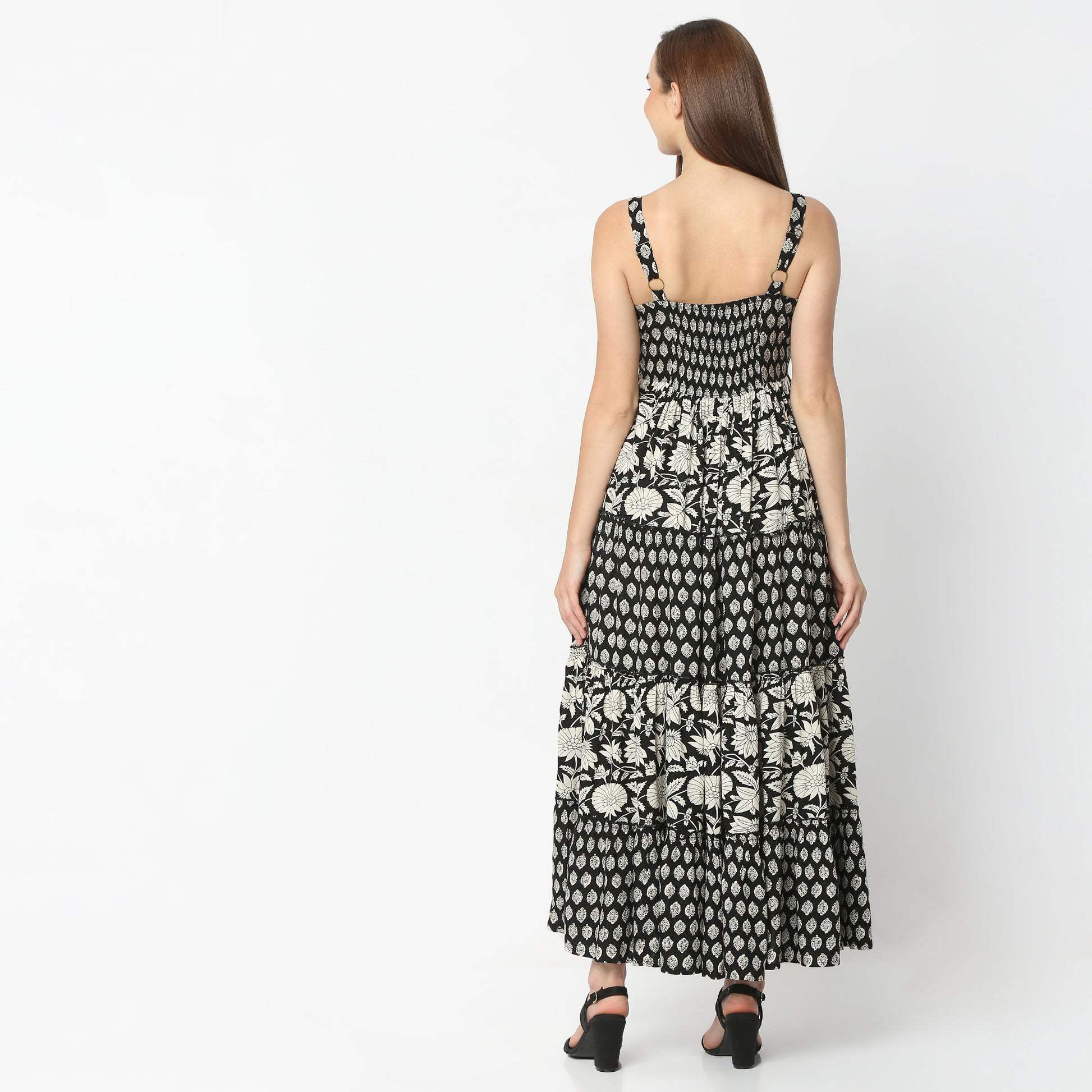 Flare Fit Printed Square Neck Full Length Dress