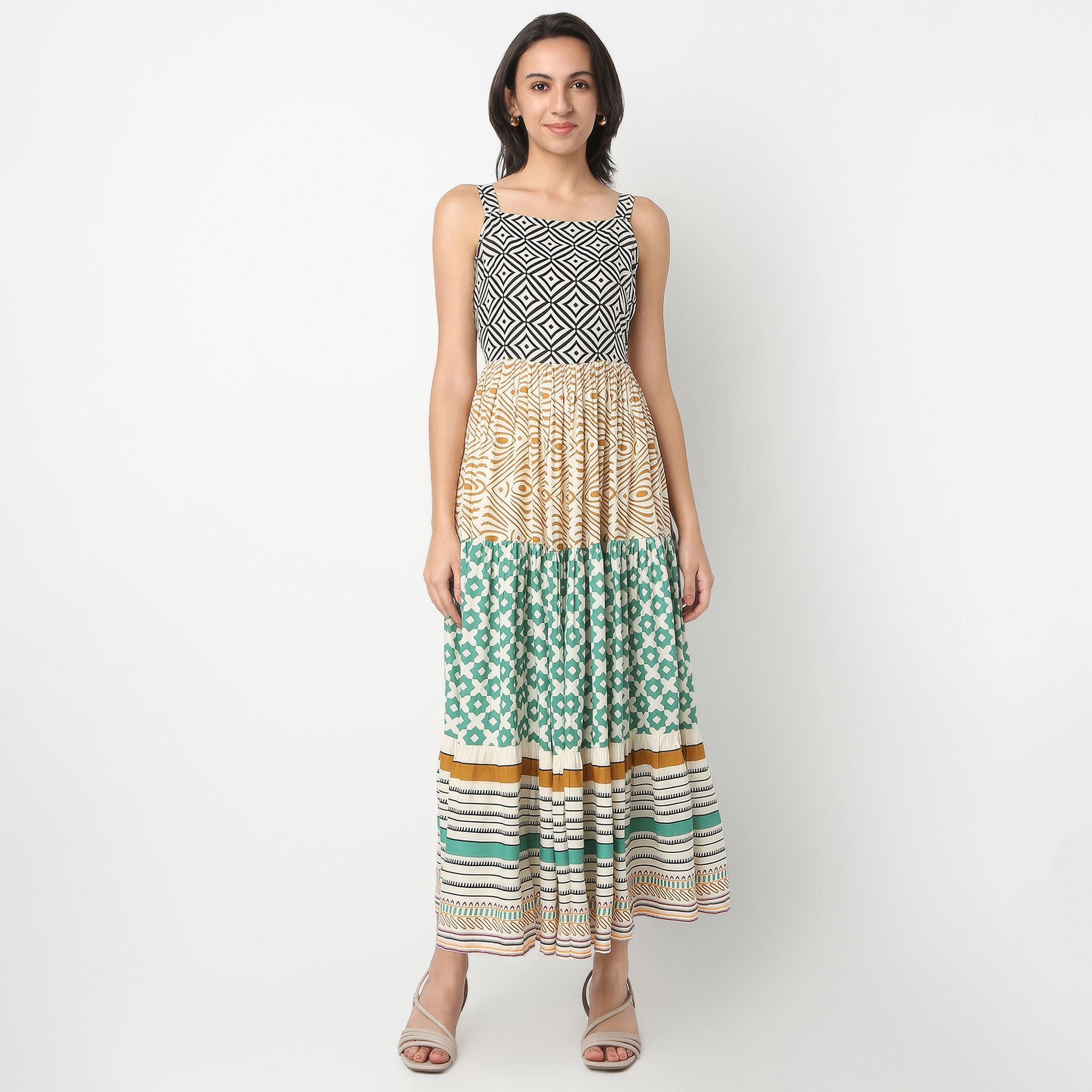 Printed Calf Length Square Neck Flared Sleeveless Dress