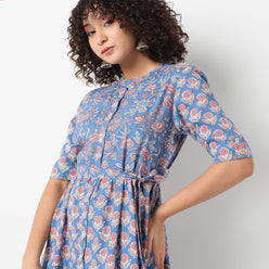 Flare Fit Printed Round Neck Dress