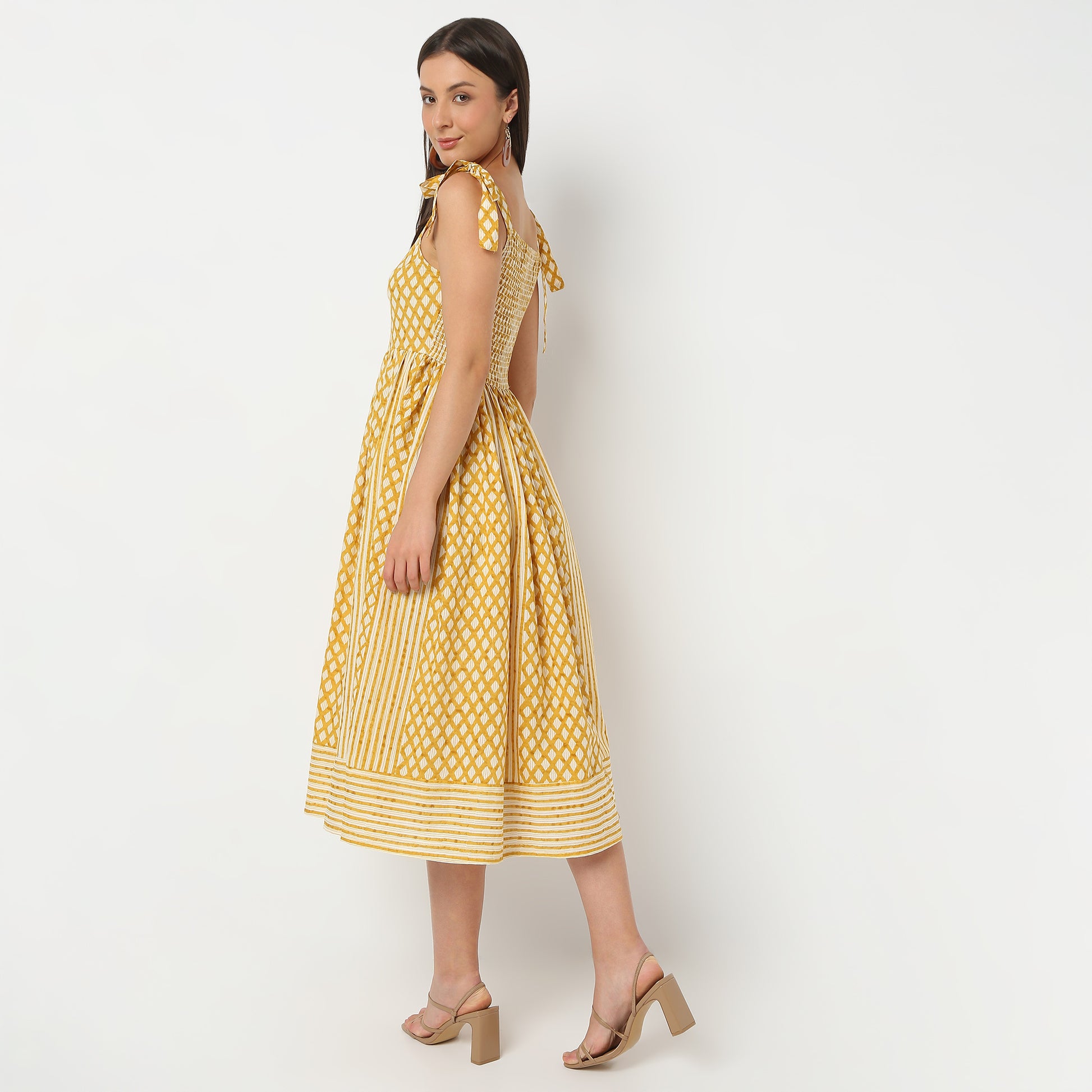 Square Neck Calf Length Sleeveless Printed Flare Fit Dress