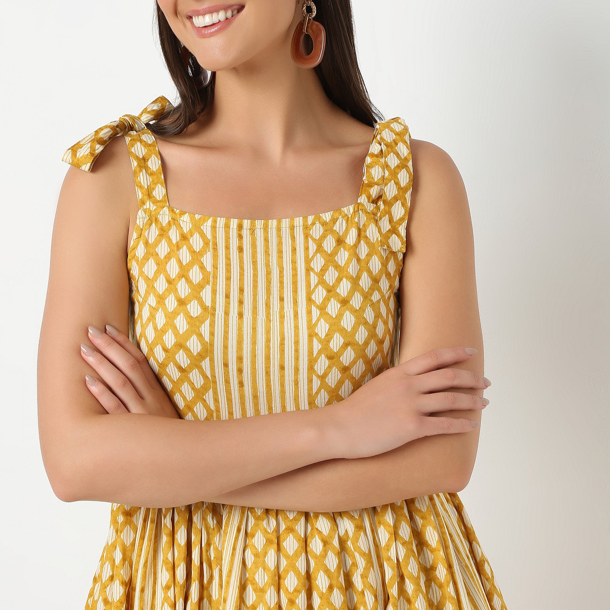 Square Neck Calf Length Sleeveless Printed Flare Fit Dress