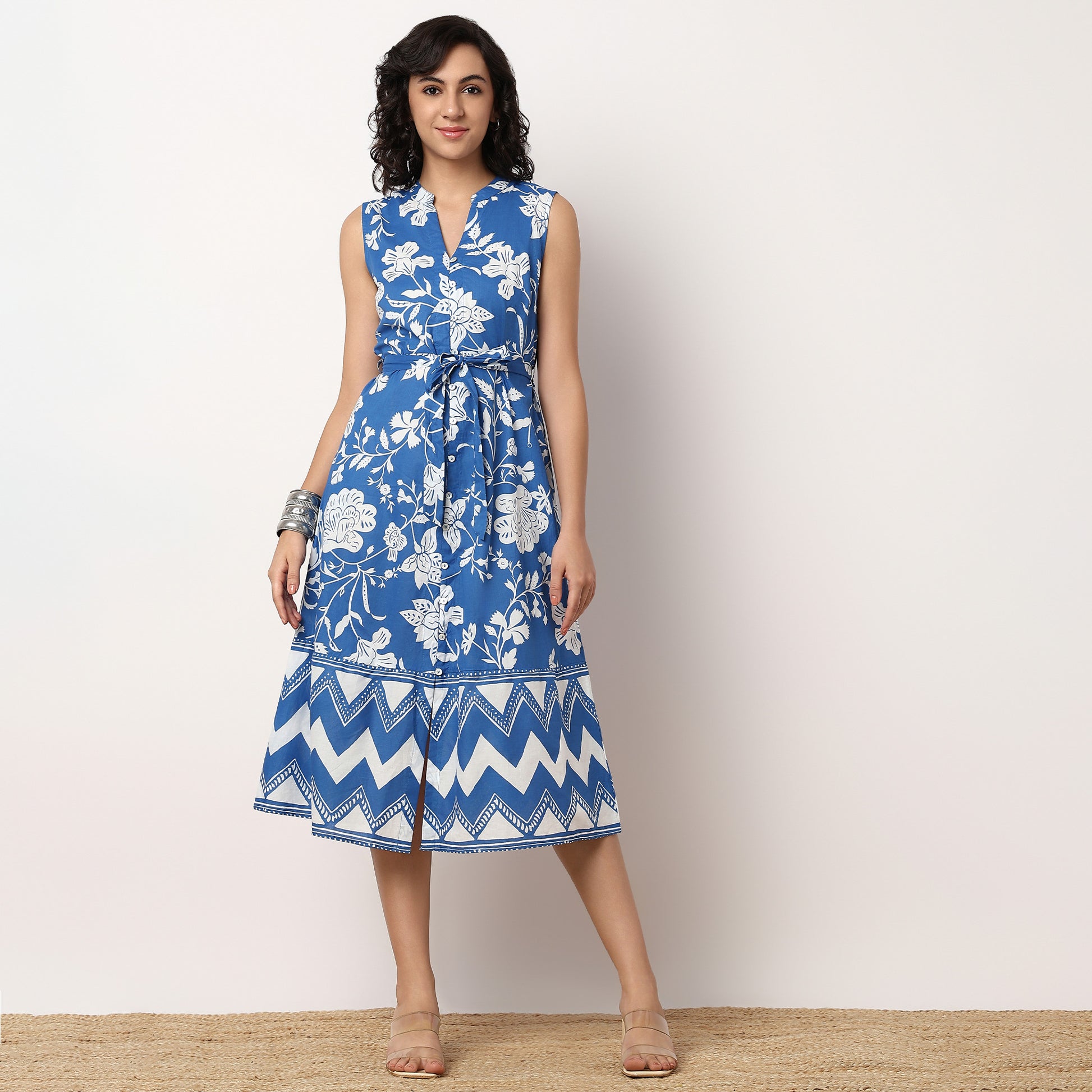 Floral Print Band Neck Flared Dress With Waist Tie-Up Detail