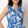 Floral Print Band Neck Flared Dress With Waist Tie-Up Detail