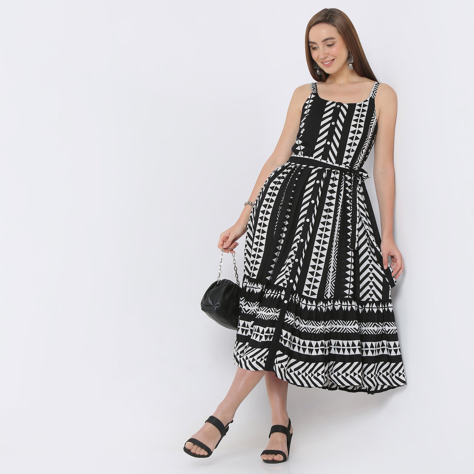 Flare Fit Printed Round Neck Below Knee Dress