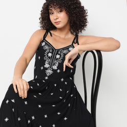 Flare Fit Embroiderd V-Neck Below Knee Dress