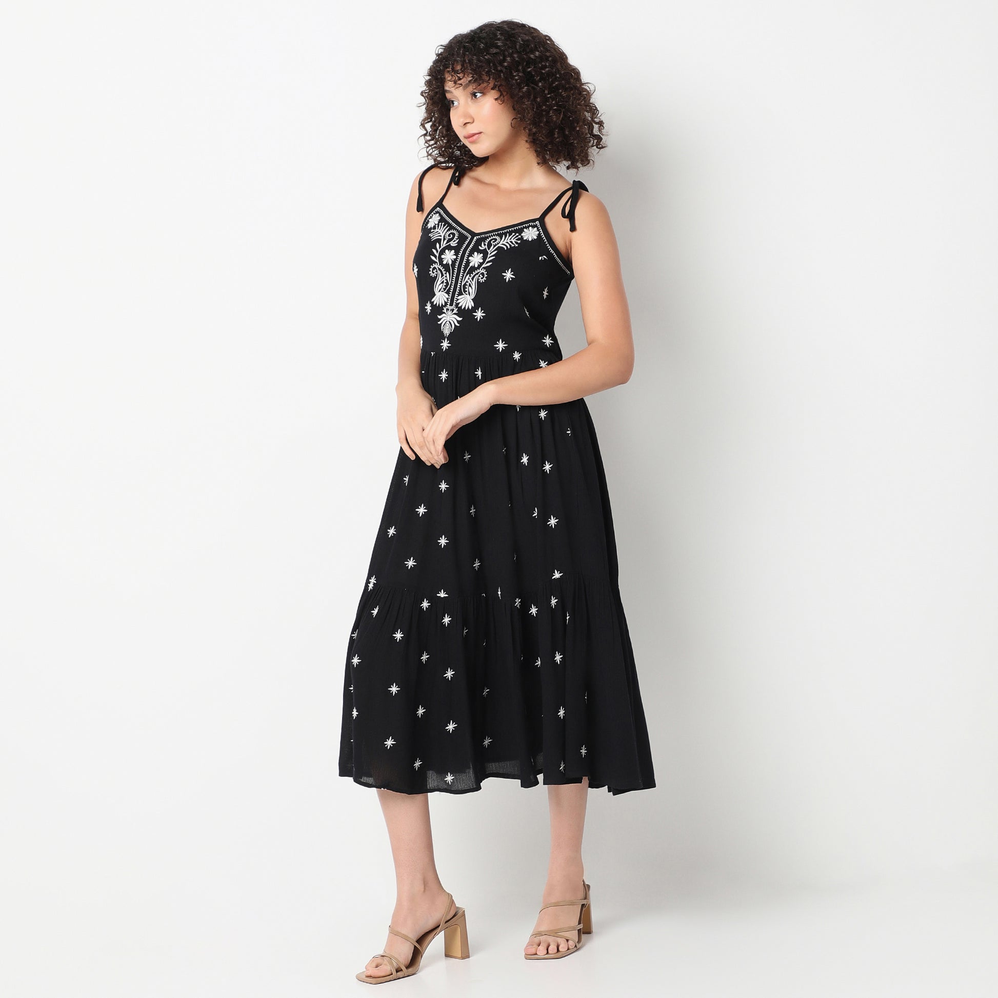 Flare Fit Embroiderd V-Neck Below Knee Dress