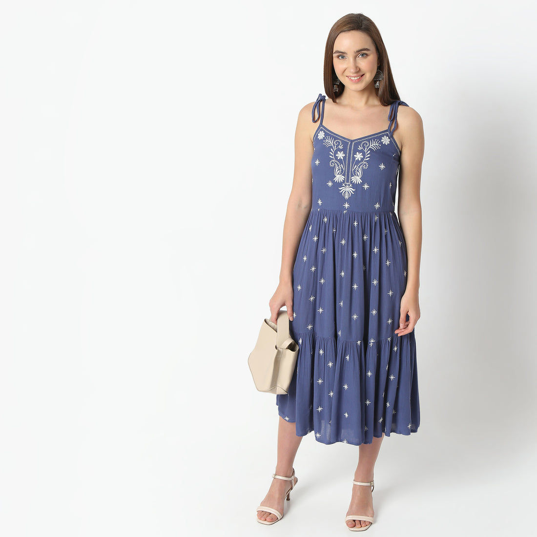 Flare Fit Embroiderd V-Neck Below Knee Dress