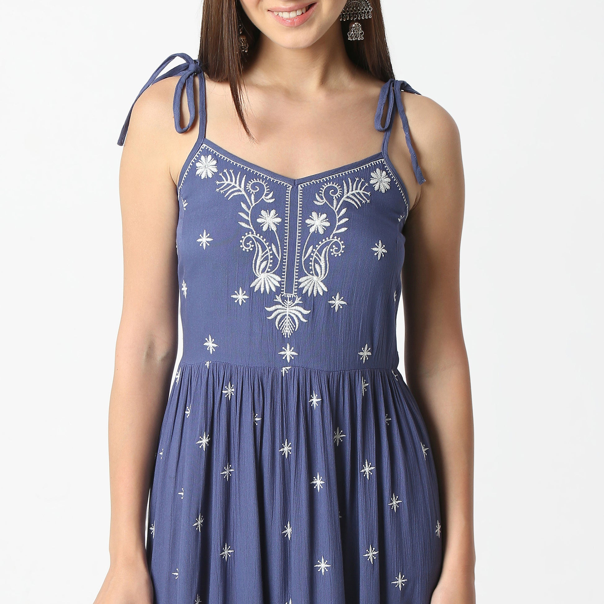 Flare Fit Embroiderd V-Neck Below Knee Dress