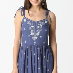 Flare Fit Embroiderd V-Neck Below Knee Dress