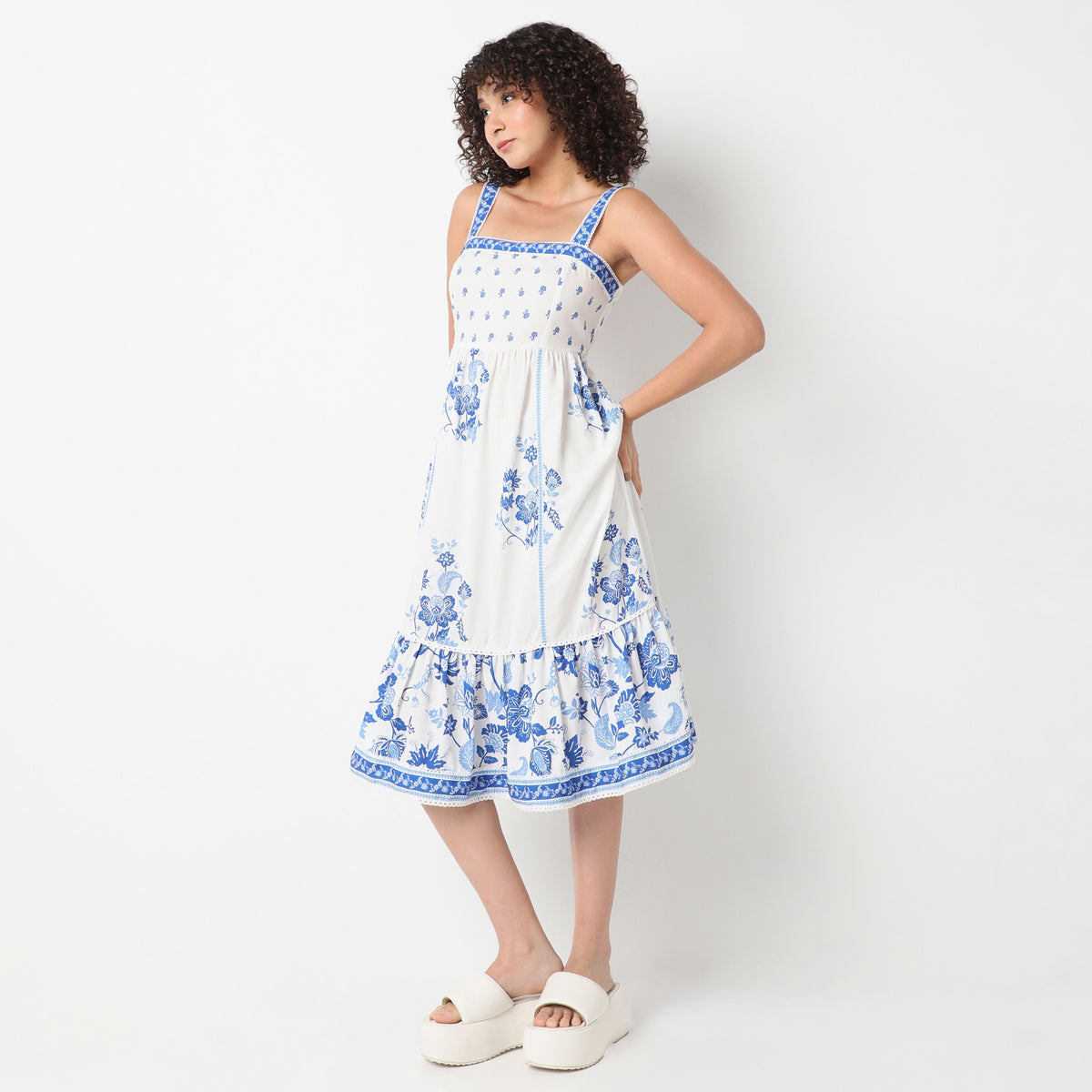 Flare Fit Printed Square Neck Dress