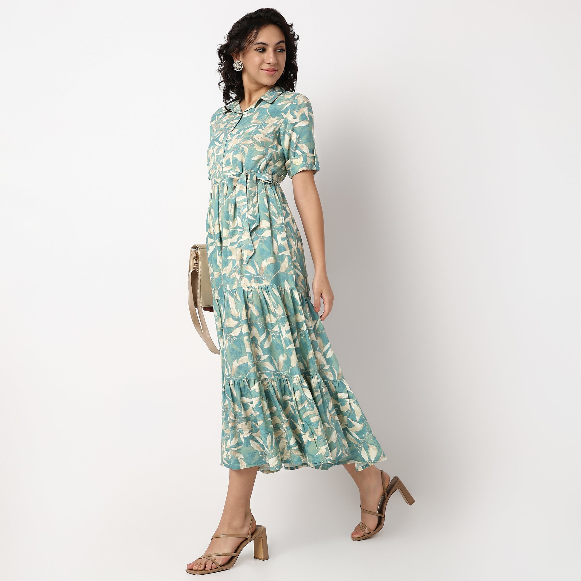 Camp Collar Flared Printed Tiered Dress