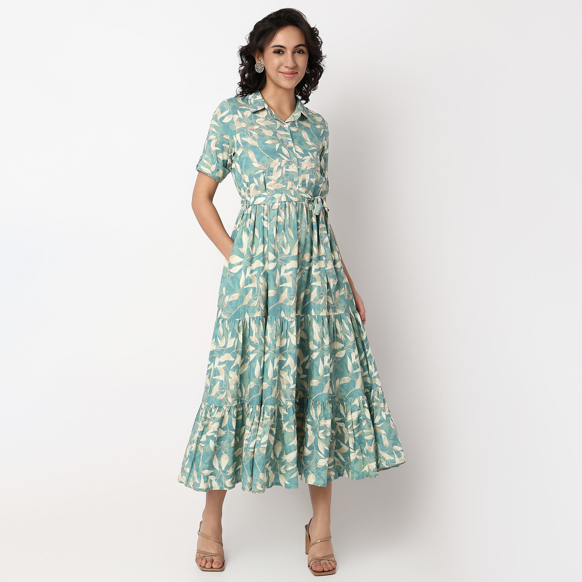Camp Collar Flared Printed Tiered Dress