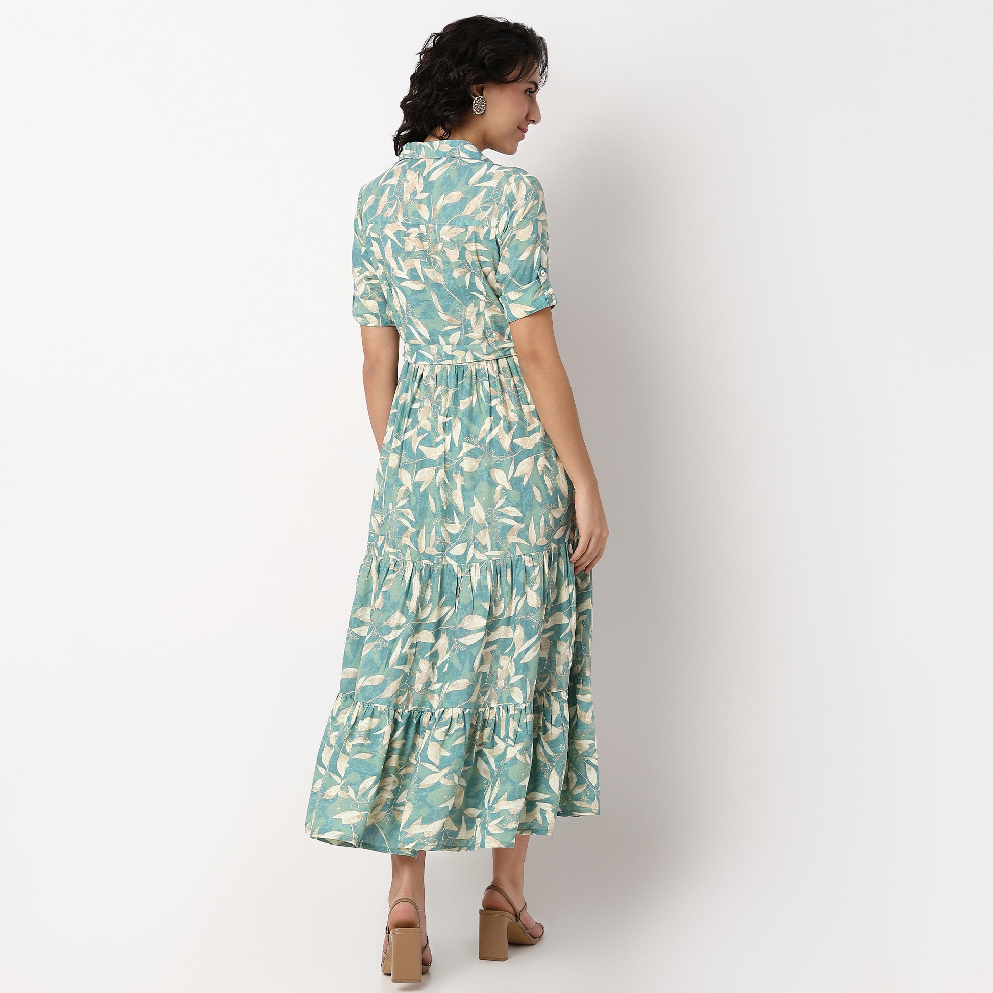 Camp Collar Flared Printed Tiered Dress