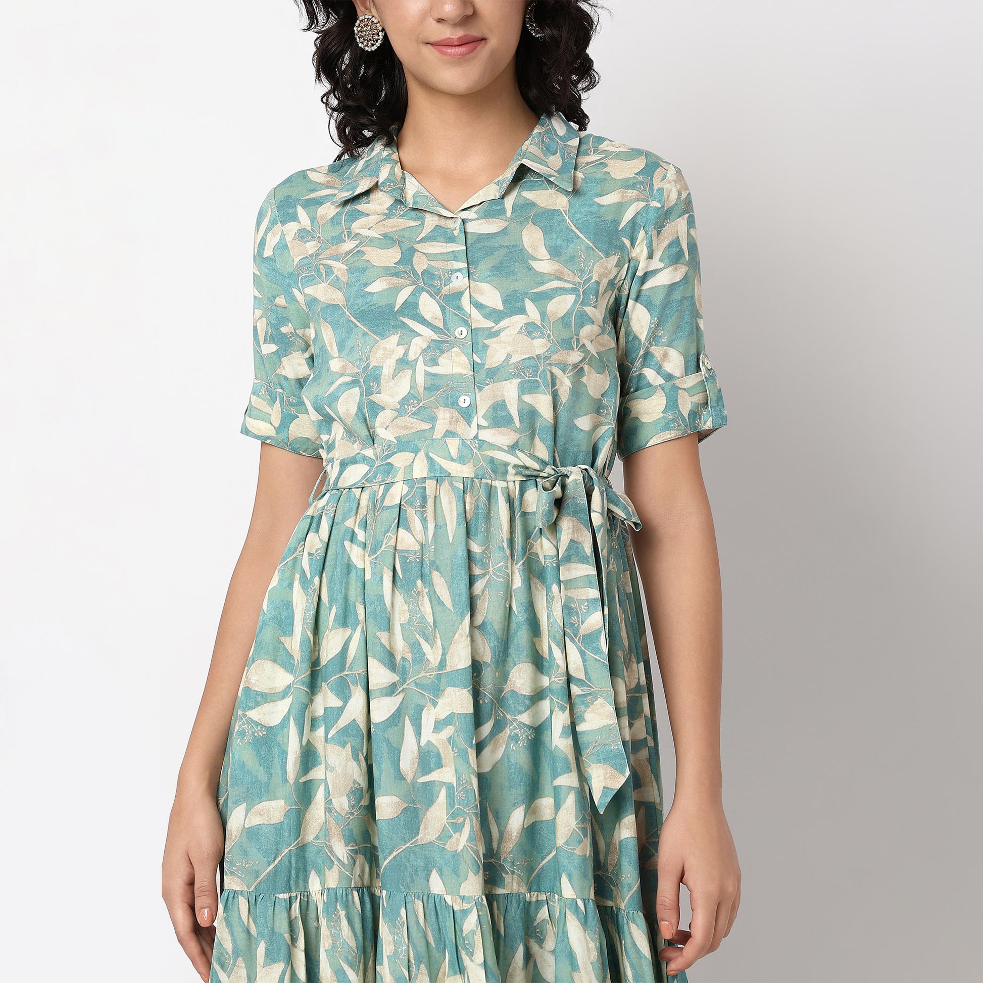 Camp Collar Flared Printed Tiered Dress