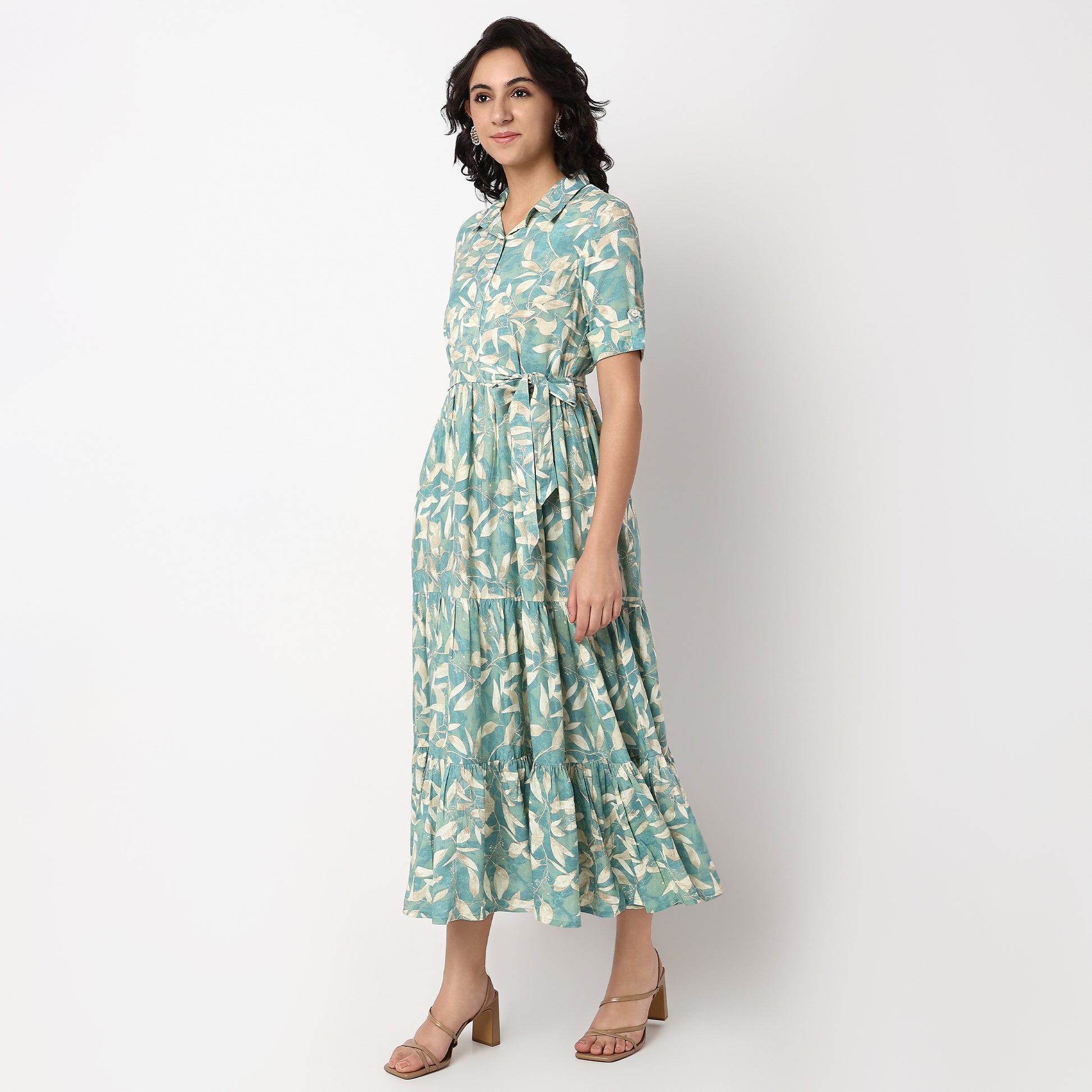 Camp Collar Flared Printed Tiered Dress