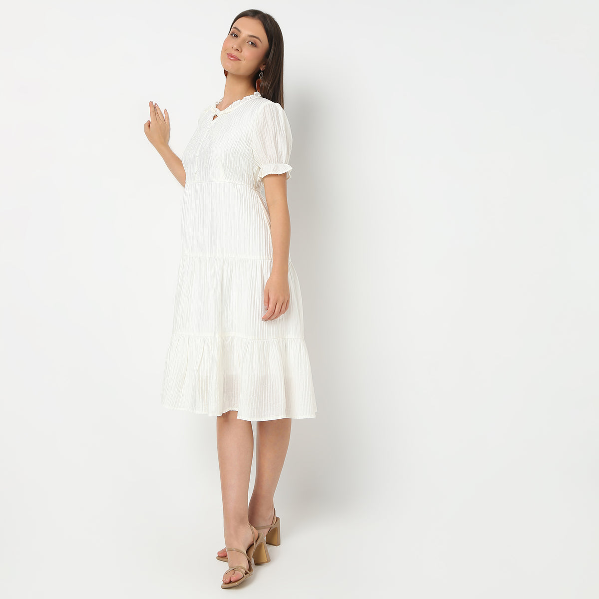 Solid Round Neck Below Knee Length Flare Fit Dress