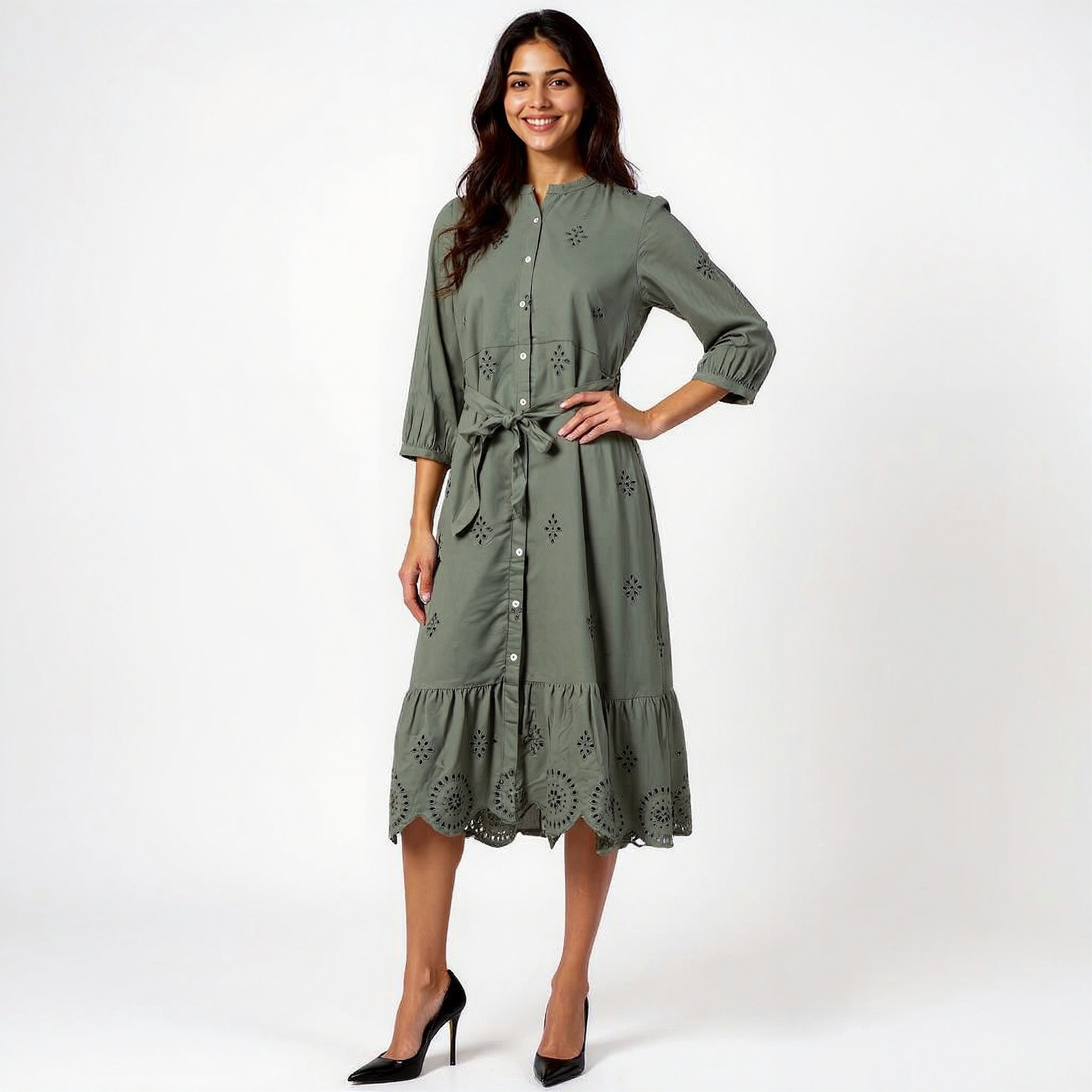 Button Down Tiered Schiffli Dress