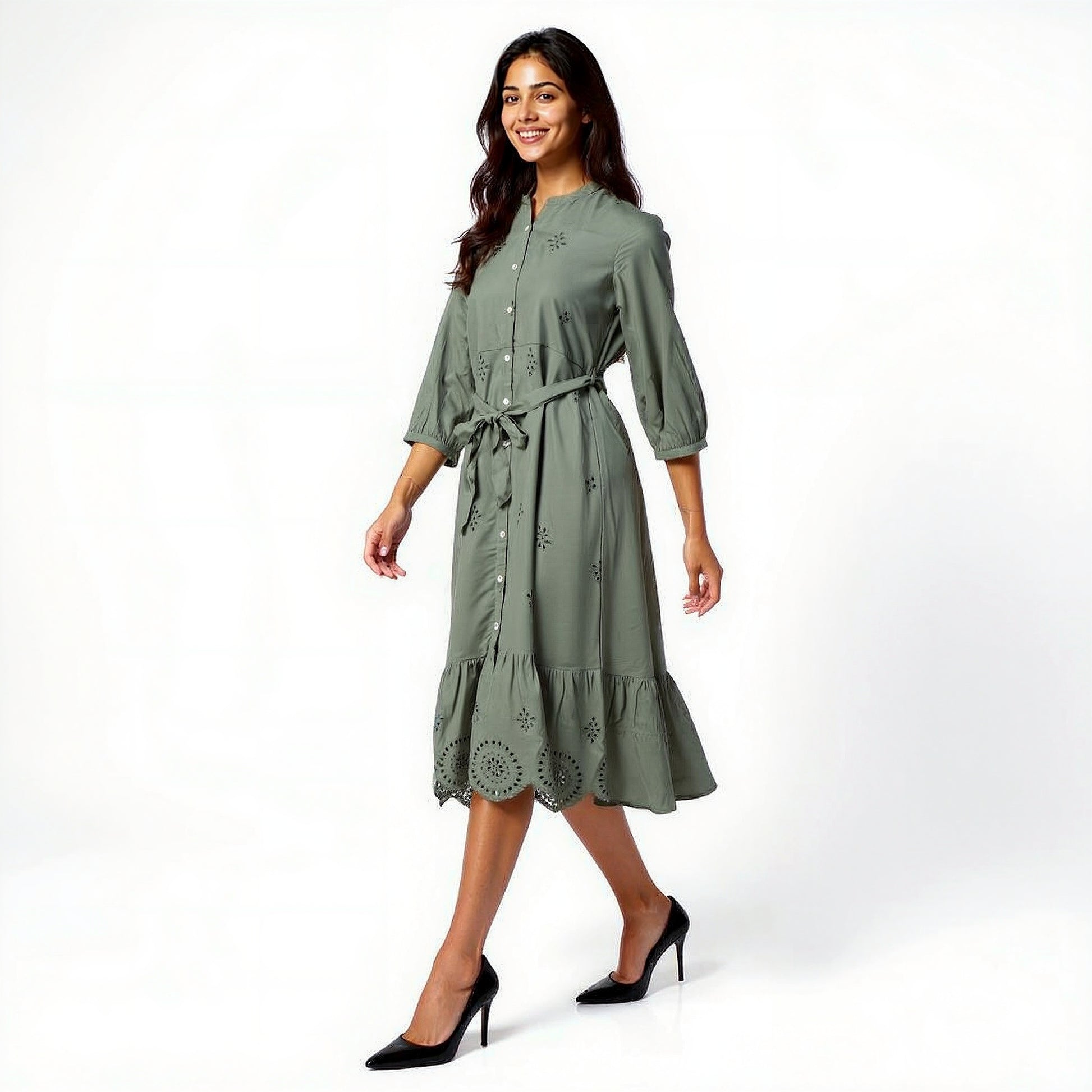 Button Down Tiered Schiffli Dress