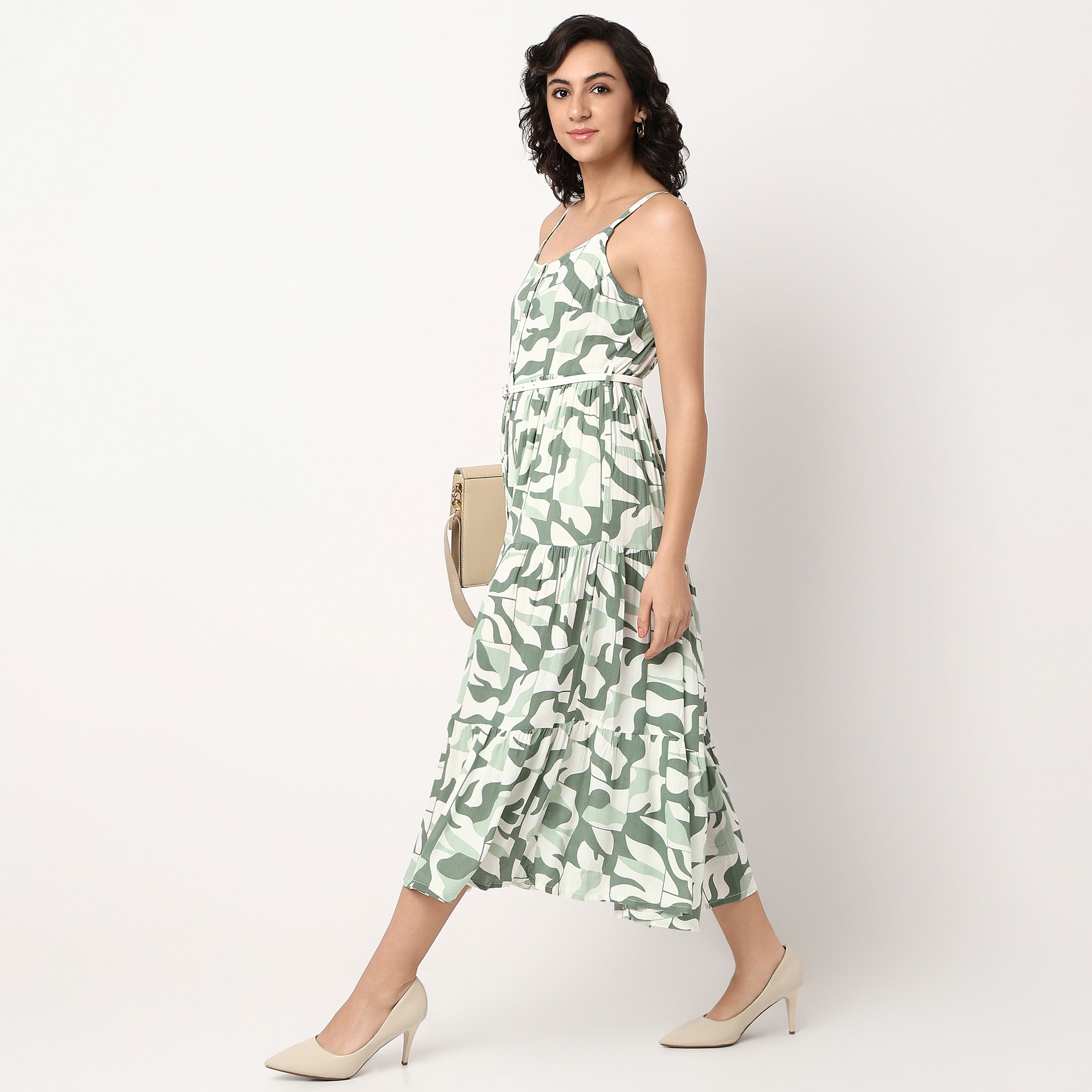 Printed Scoop Neck Flared Strappy Tiered Dress