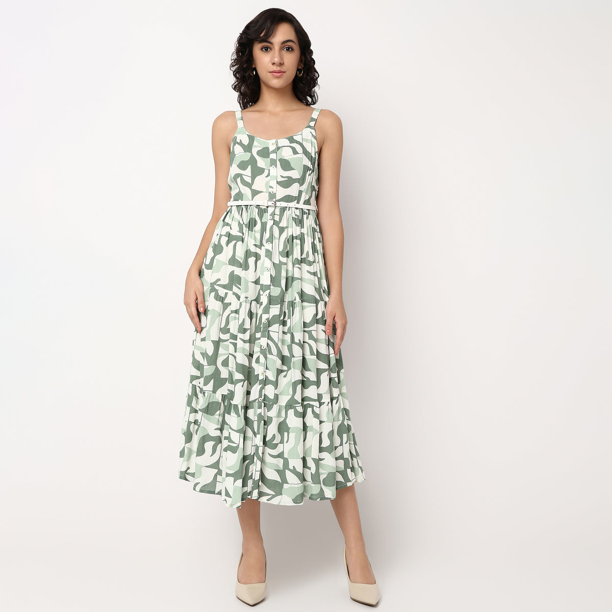 Printed Scoop Neck Flared Strappy Tiered Dress