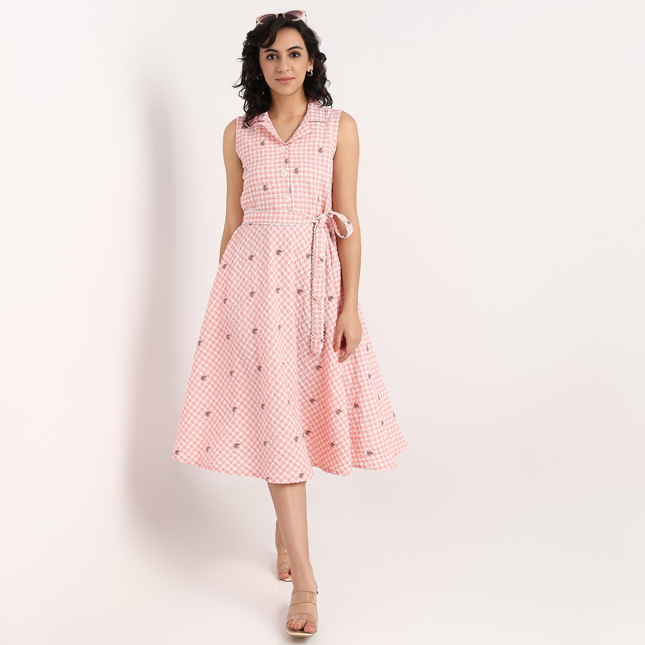 Printed Lapel Collar Flared Sleeveless Dress With Waist Tie-Up Detail