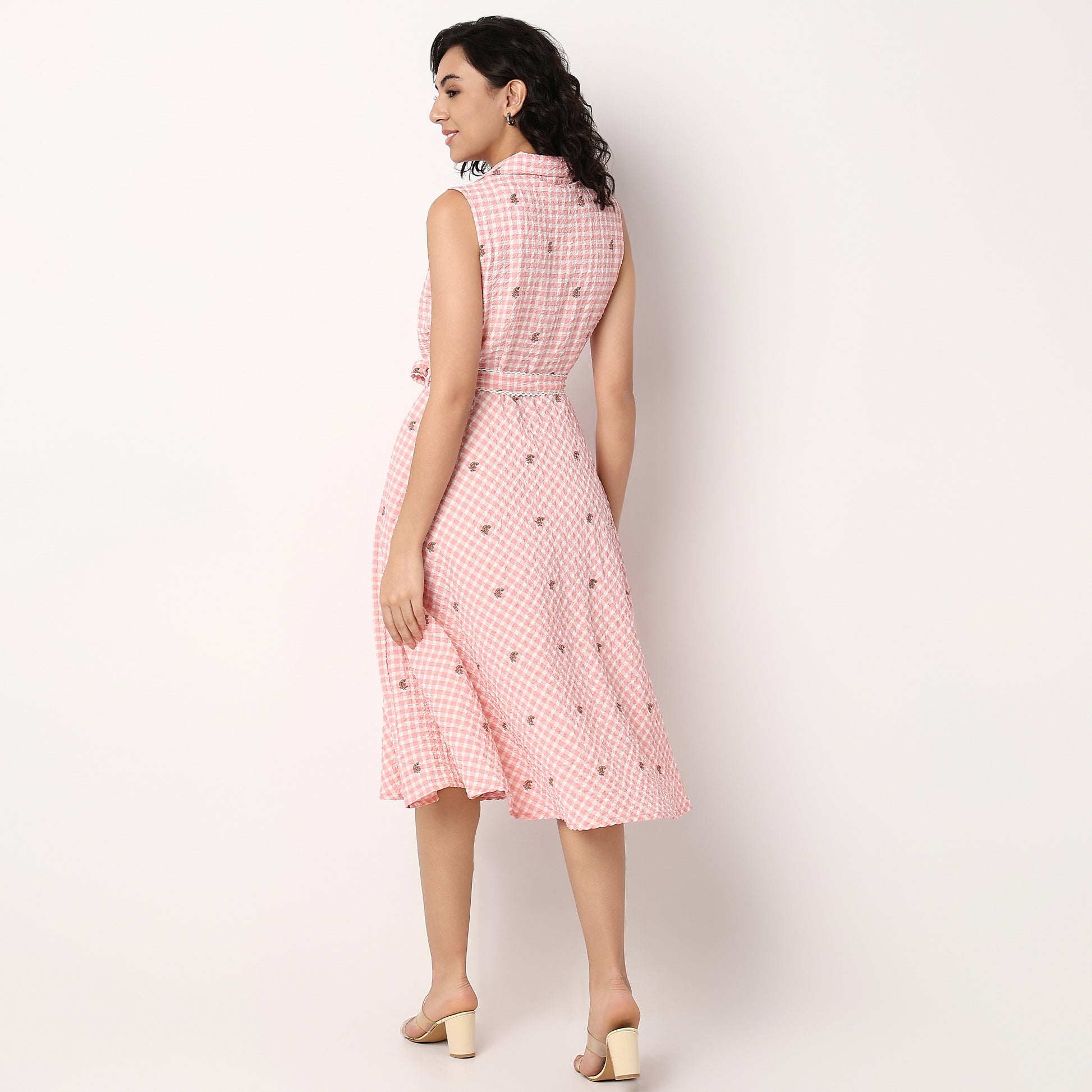 Printed Lapel Collar Flared Sleeveless Dress With Waist Tie-Up Detail