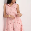 Printed Lapel Collar Flared Sleeveless Dress With Waist Tie-Up Detail