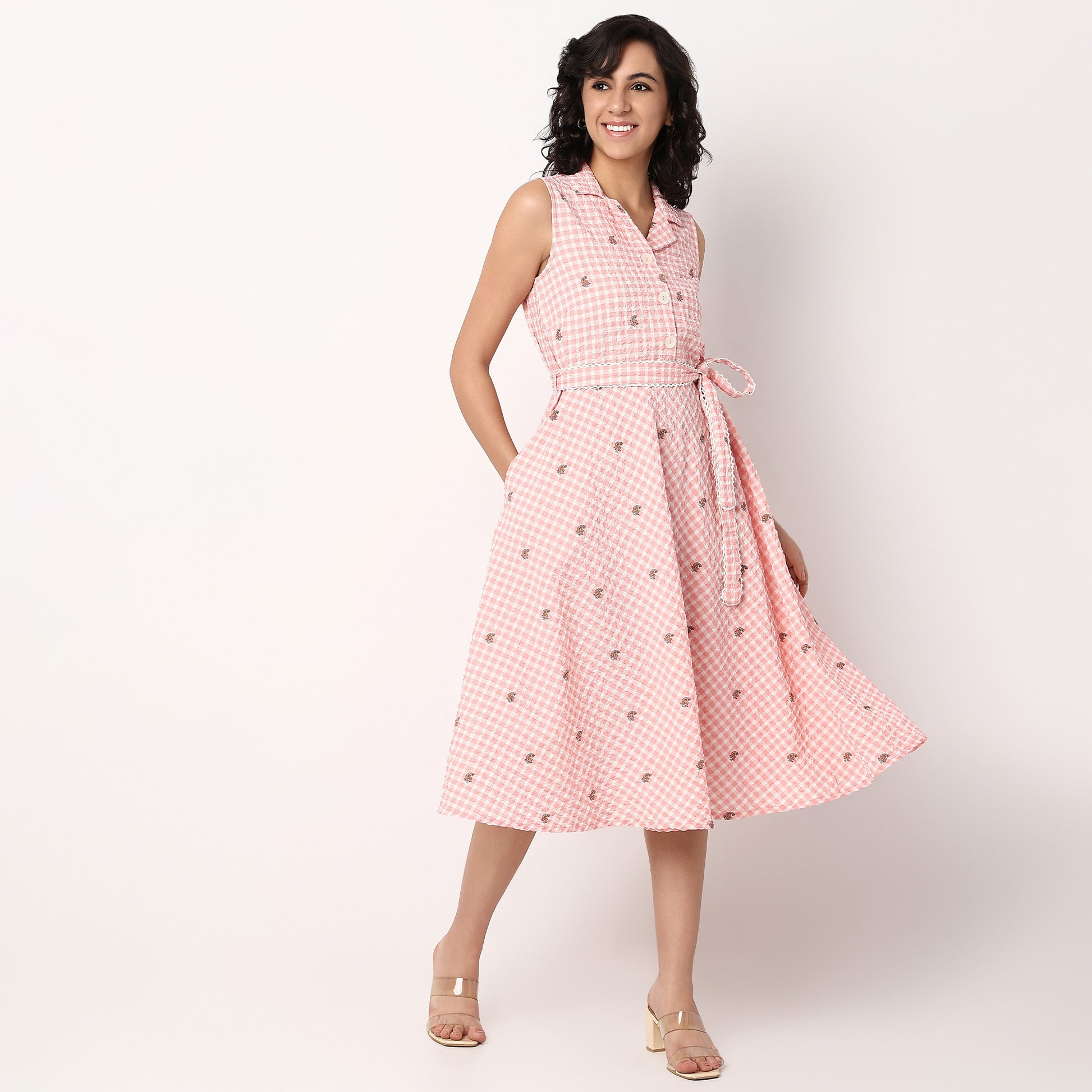 Printed Lapel Collar Flared Sleeveless Dress With Waist Tie-Up Detail