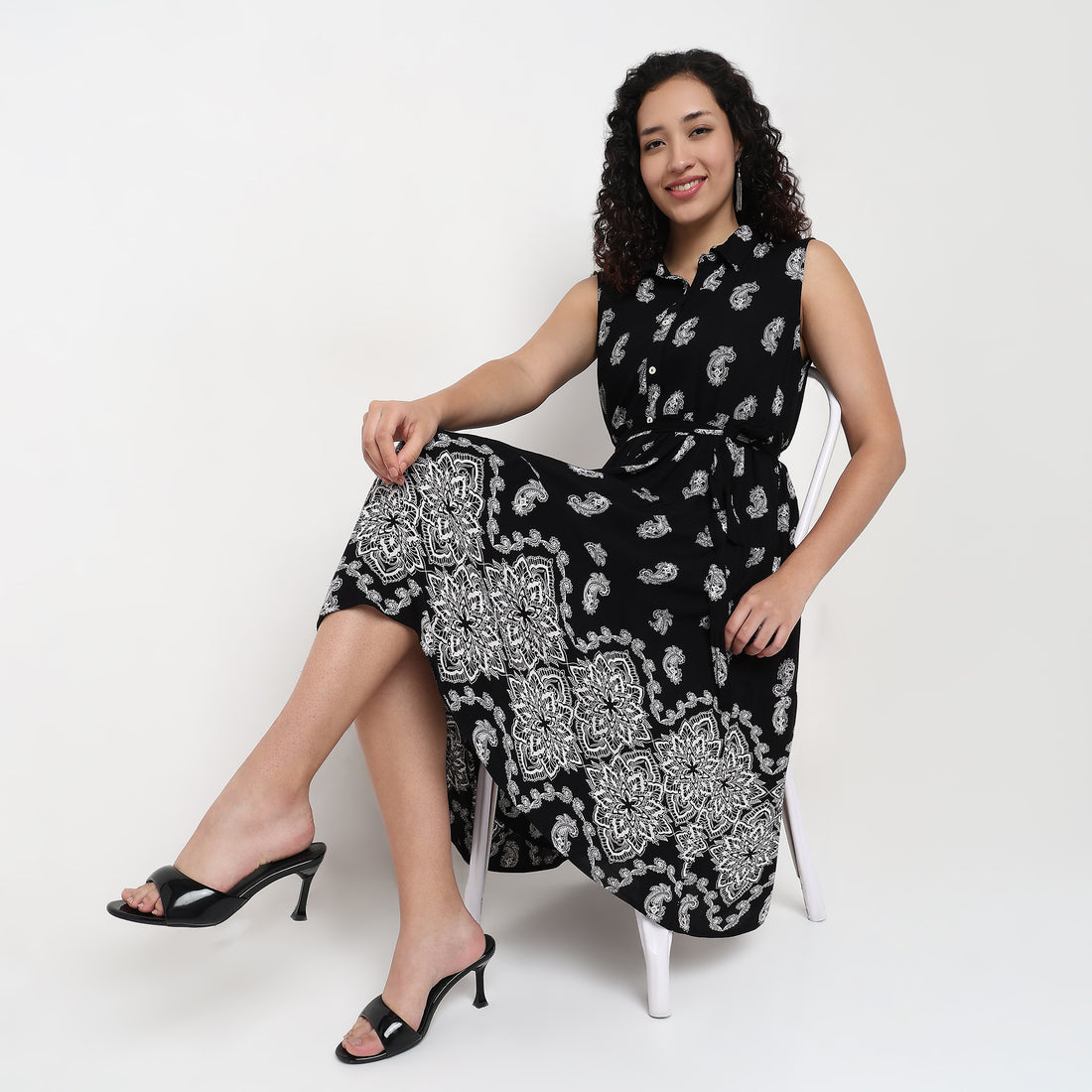 Shirt Collar Sleeveless Tiered Dress