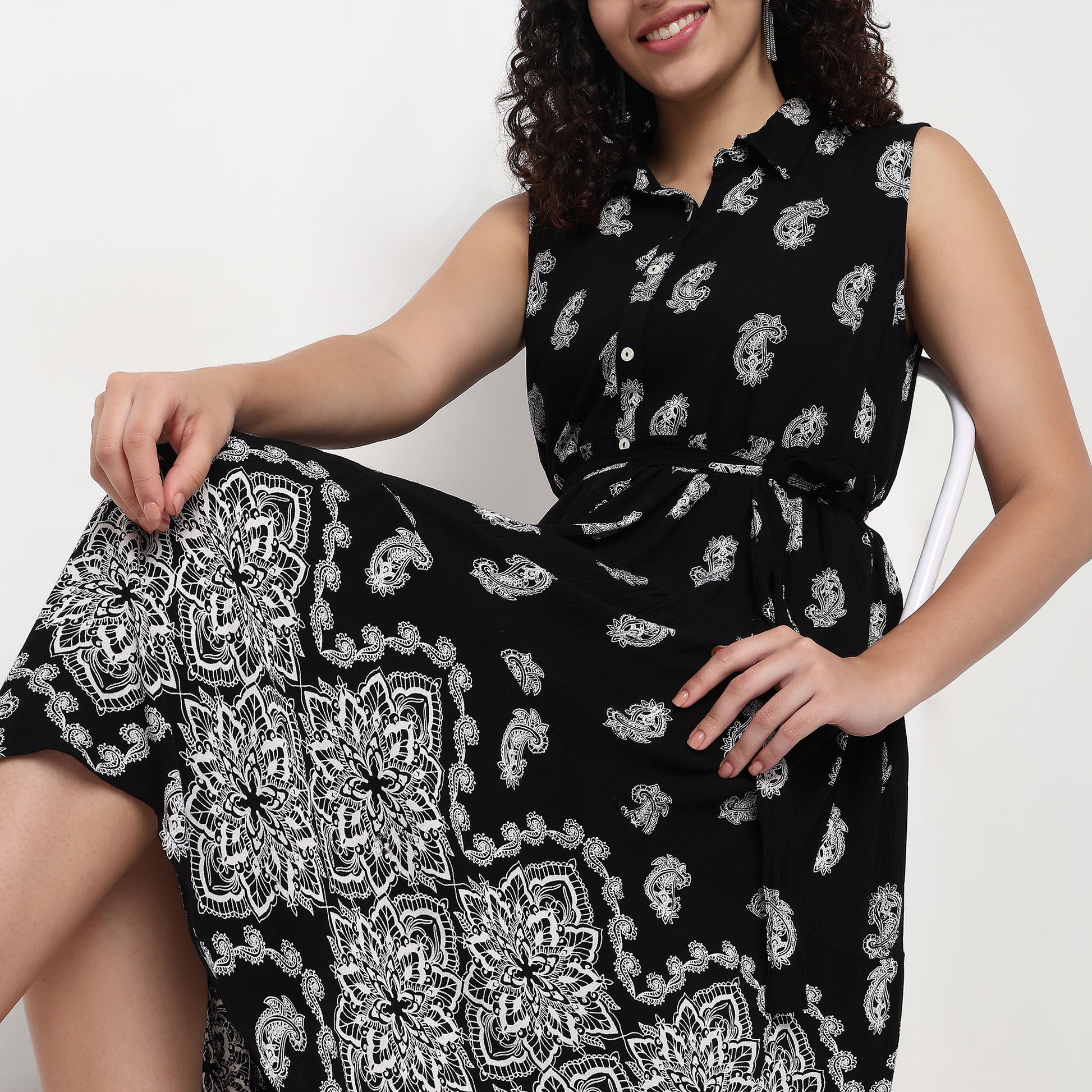 Shirt Collar Sleeveless Tiered Dress