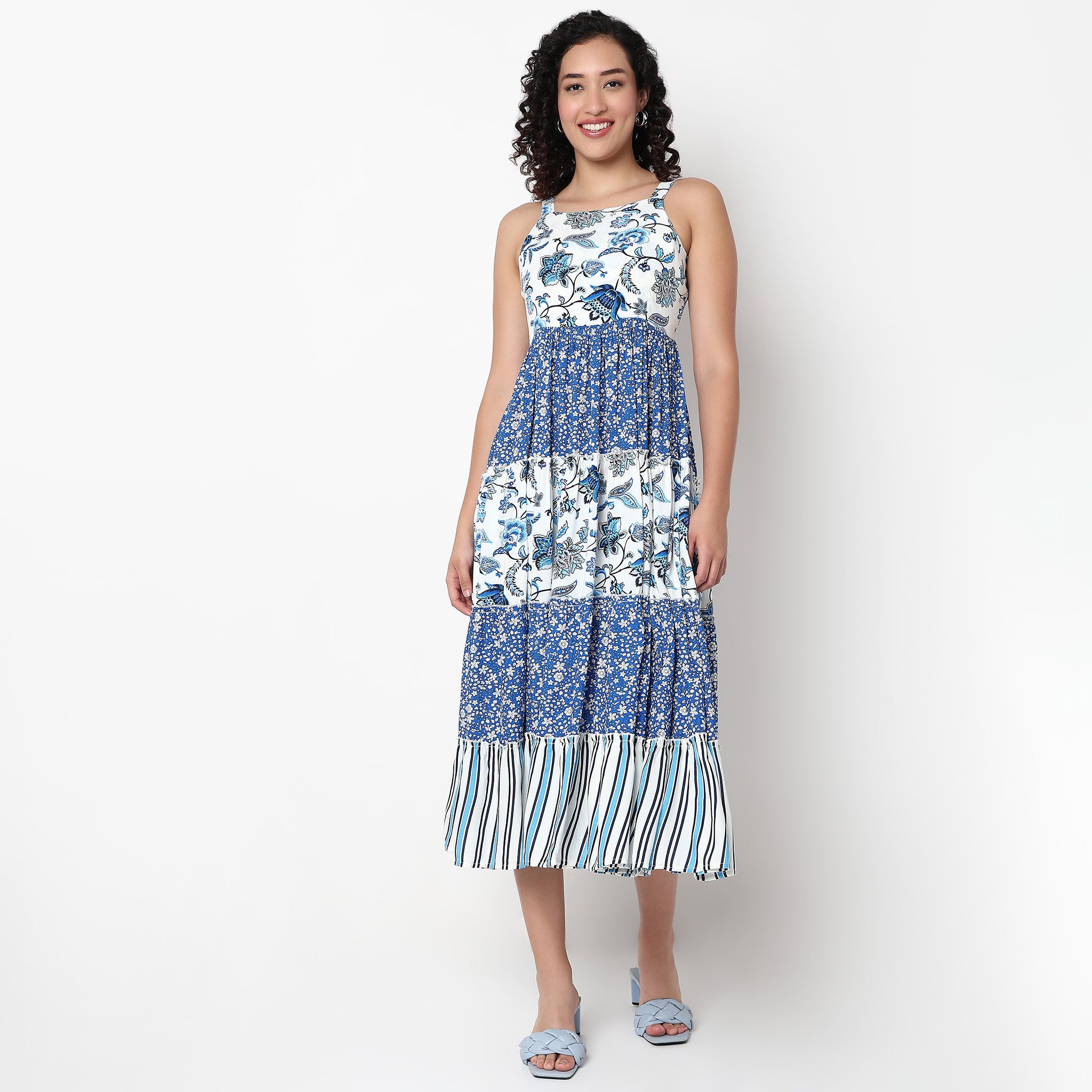Printed Square Neck Flared Strapy Tiered Dress
